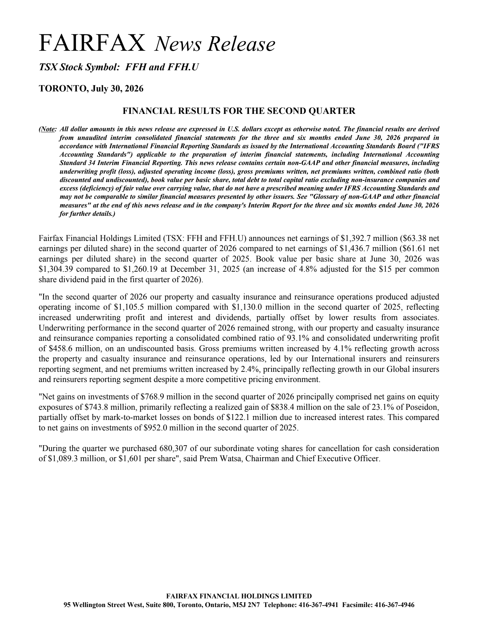Fairfax Financial's Q2 2026 Press Release