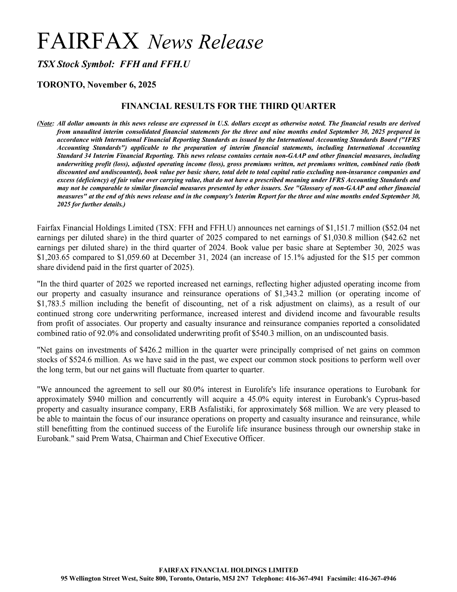 Fairfax Financial's Q3 2025 Earnings Release