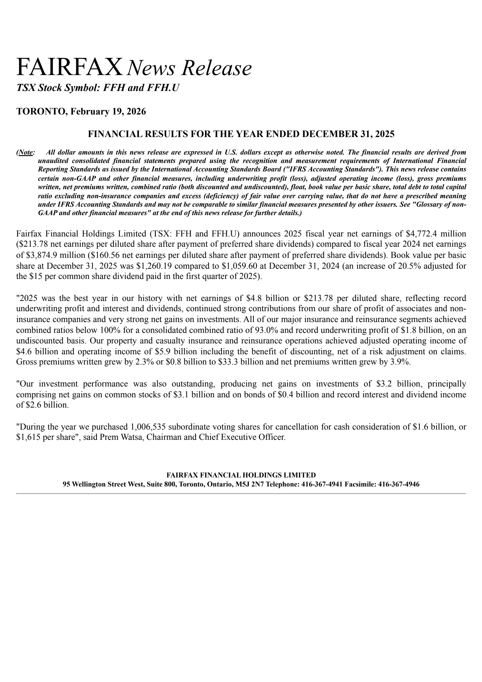 Fairfax Financial's Q4 2025 Press Release