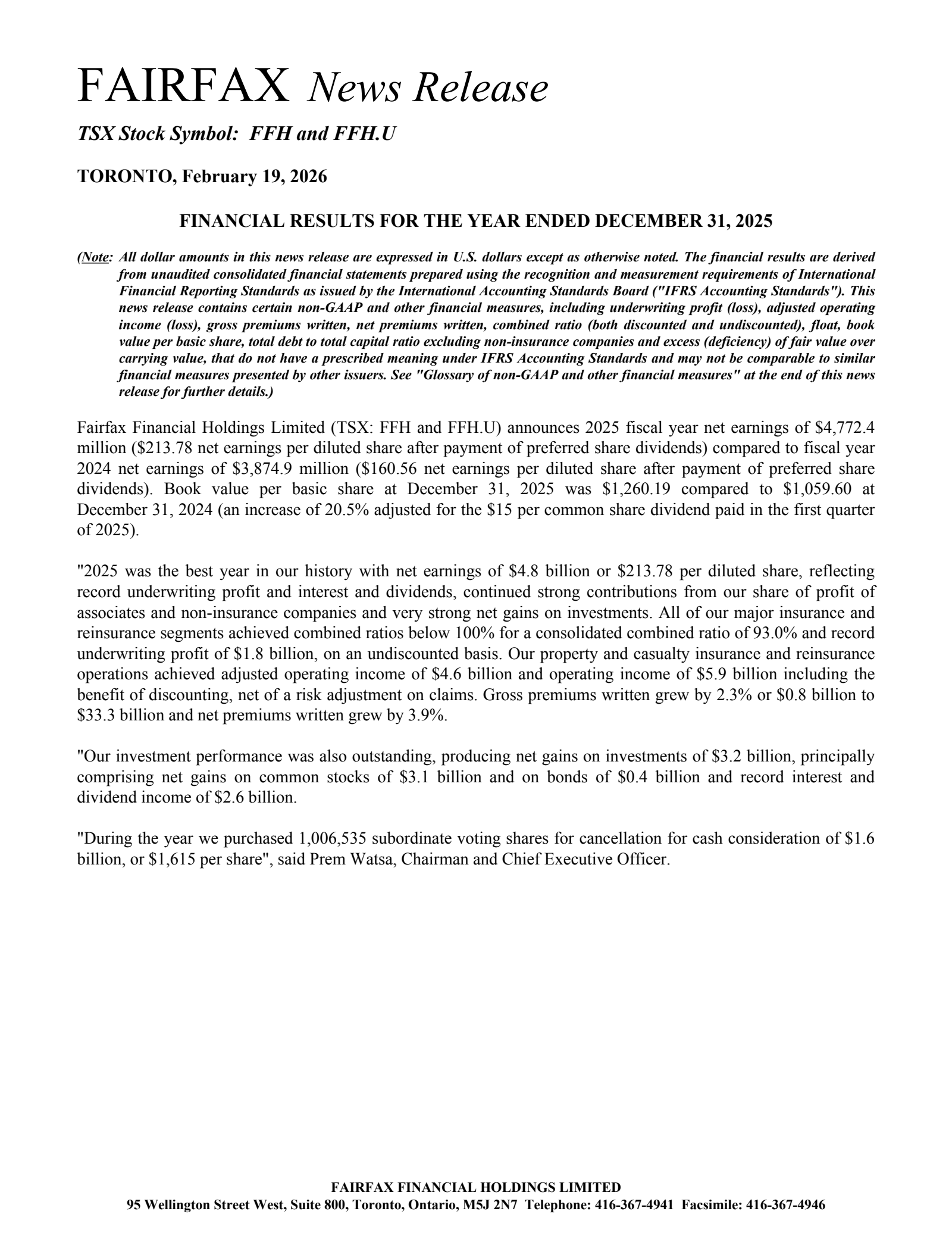 Fairfax Financial's Q4 2025 Press Release