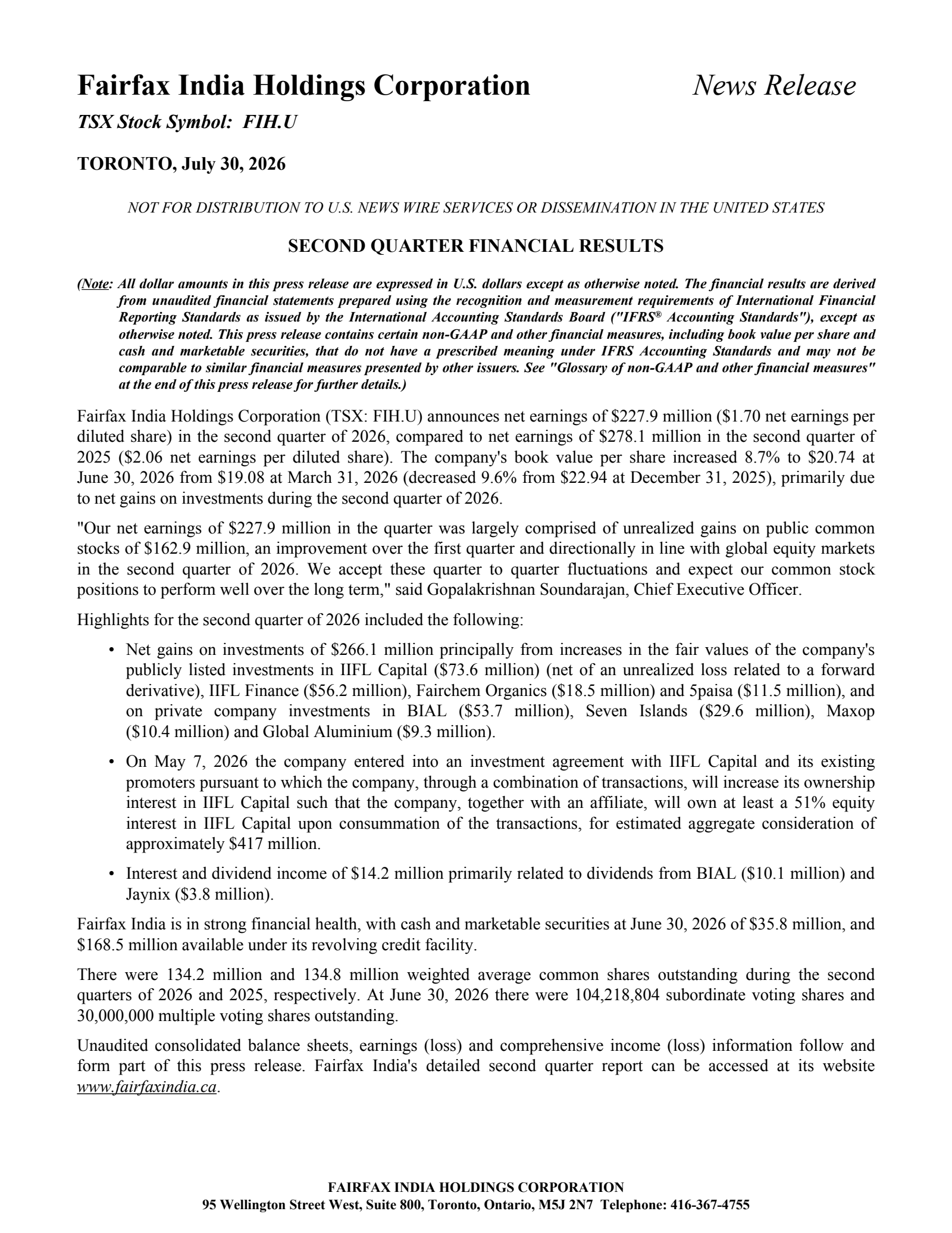 Fairfax India's Q2 2026 Press Release