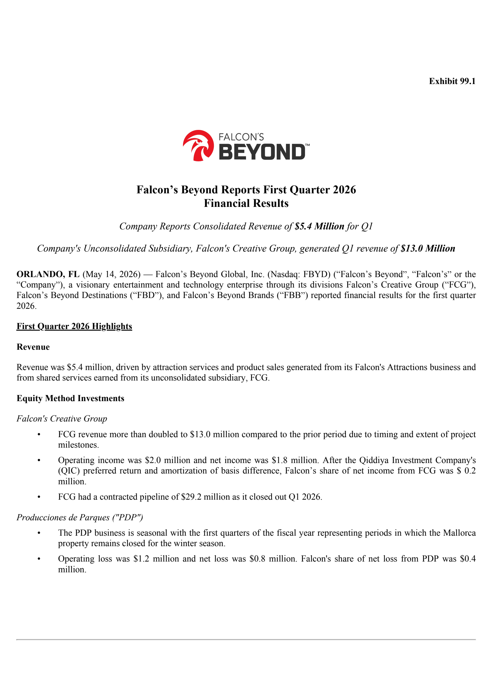 Falcon's Beyond Global's Q1 2026 Press Release