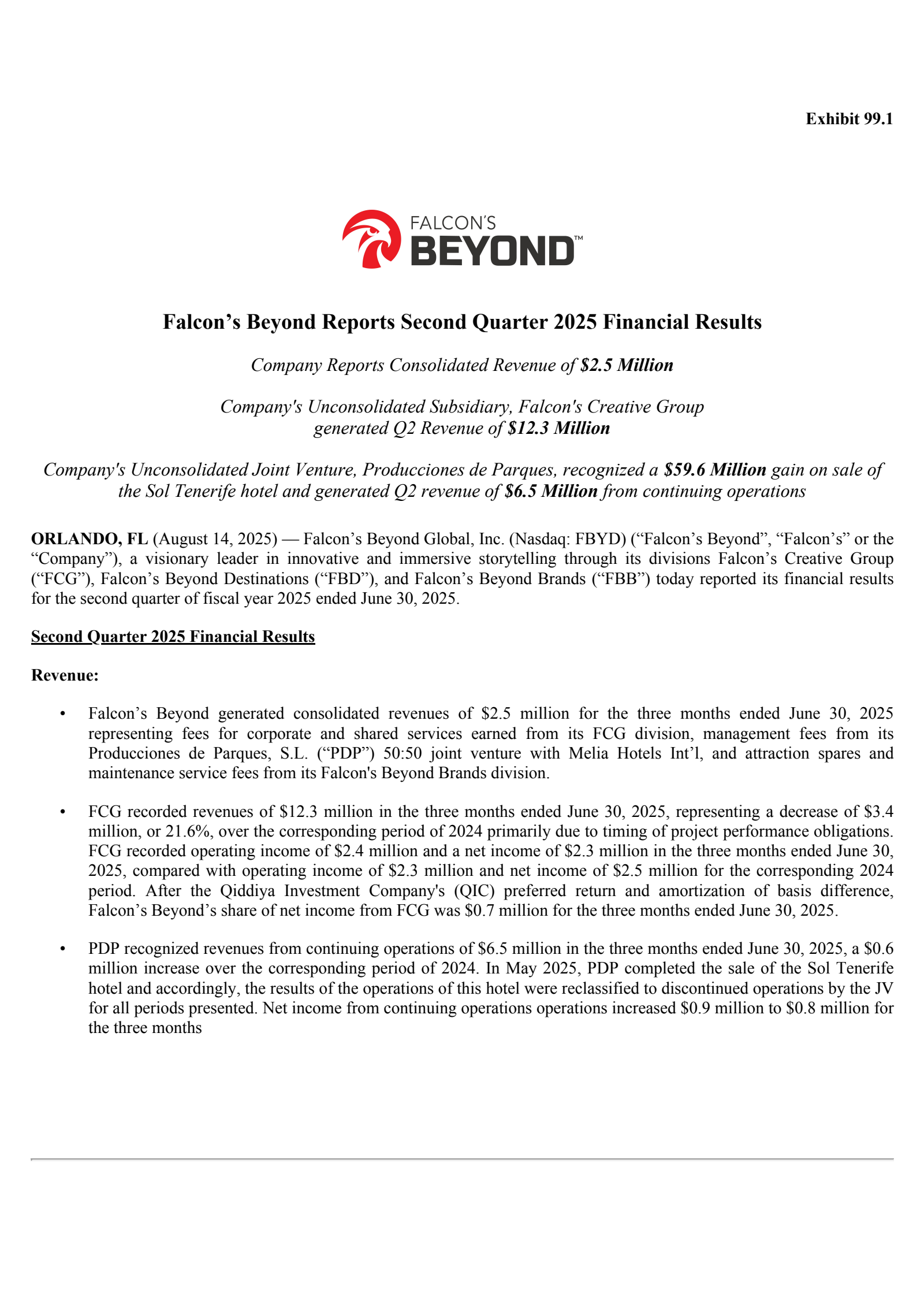 Falcon's Beyond Global's Q2 2025 Press Release