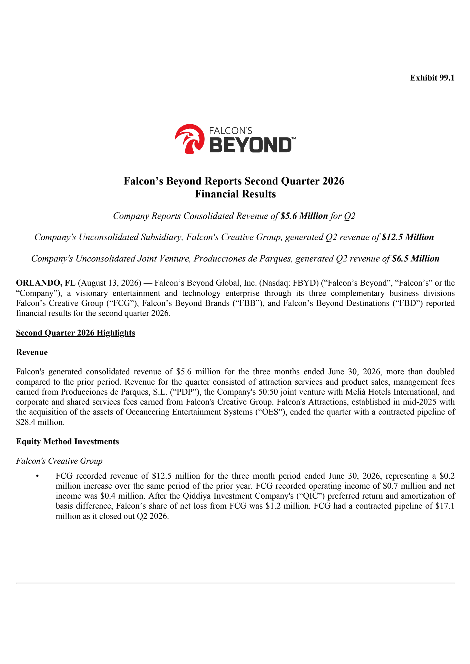 Falcon's Beyond Global's Q2 2026 Press Release