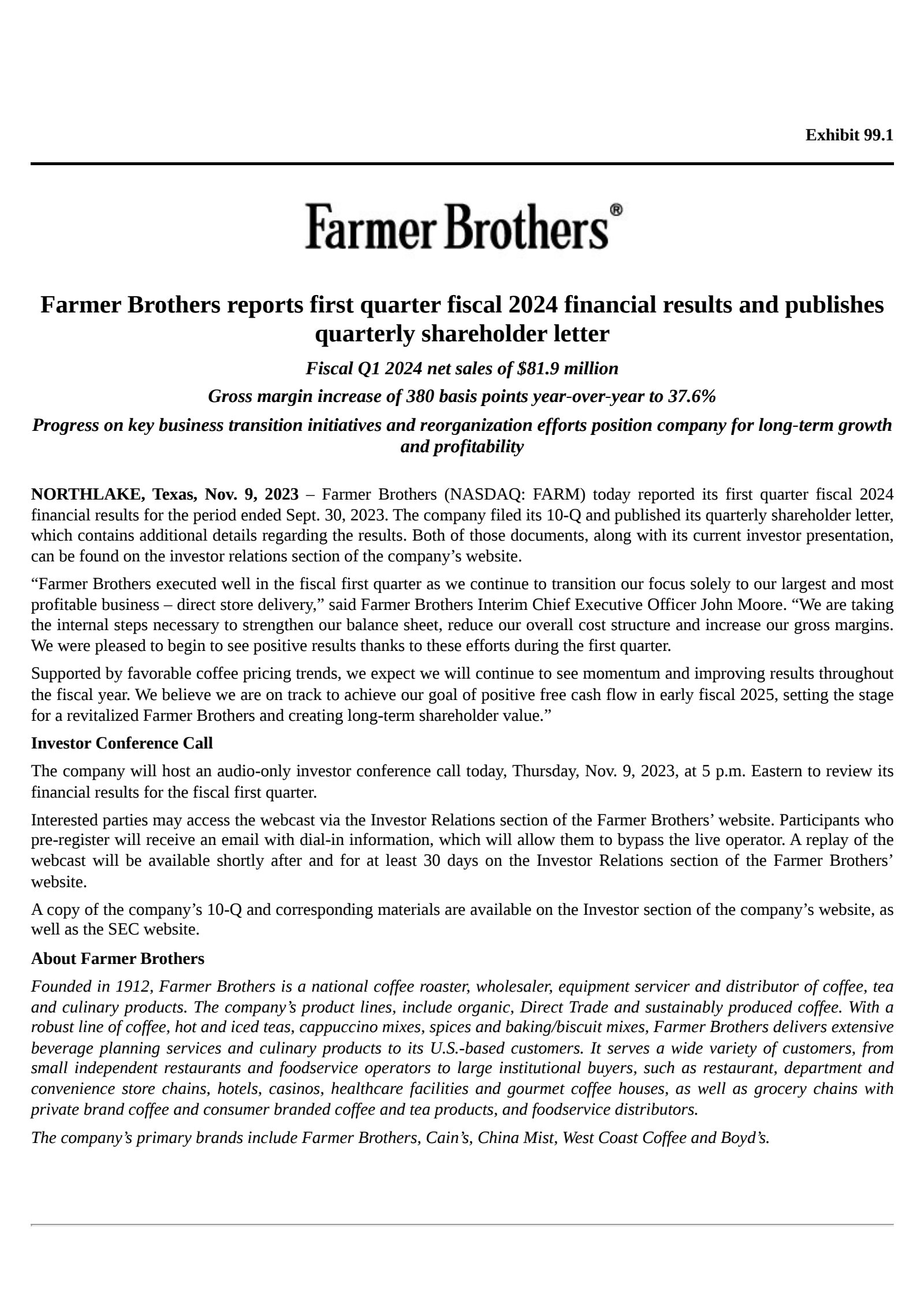 Farmer Brothers' Q1 2024 Press Release