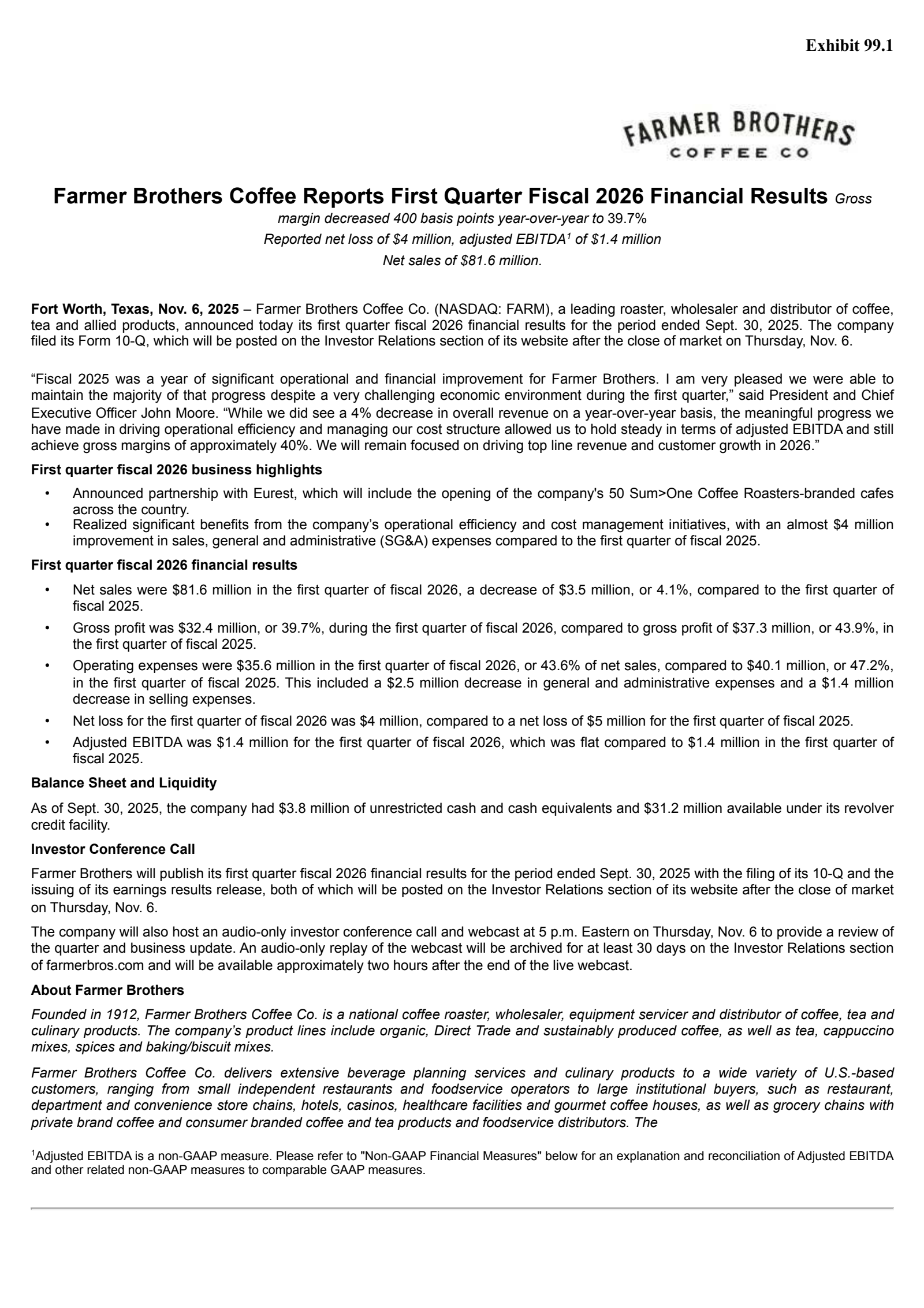 Farmer Brothers' Q1 2026 Earnings Release