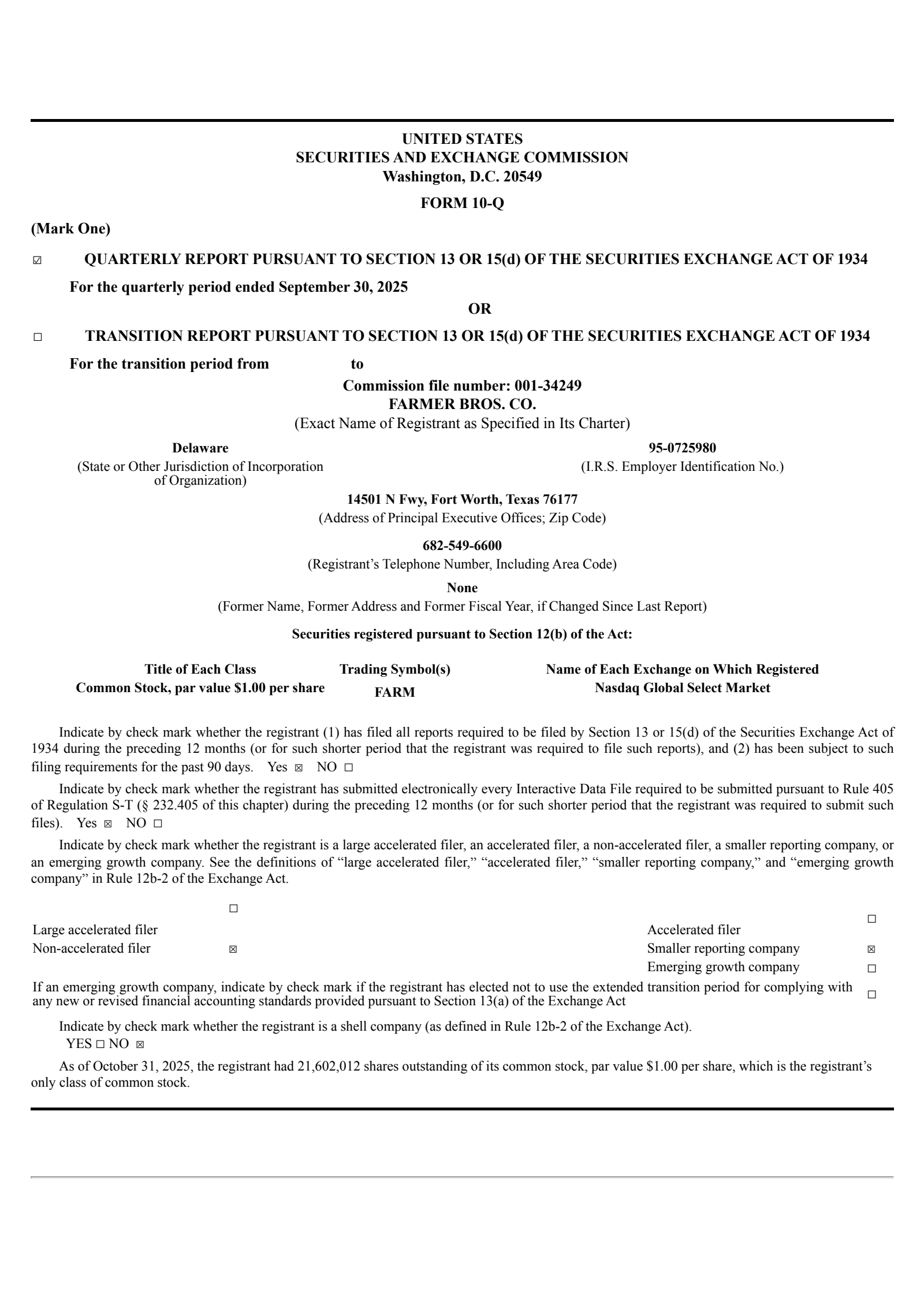 Farmer Brothers' Q1 2026 Quarterly Report