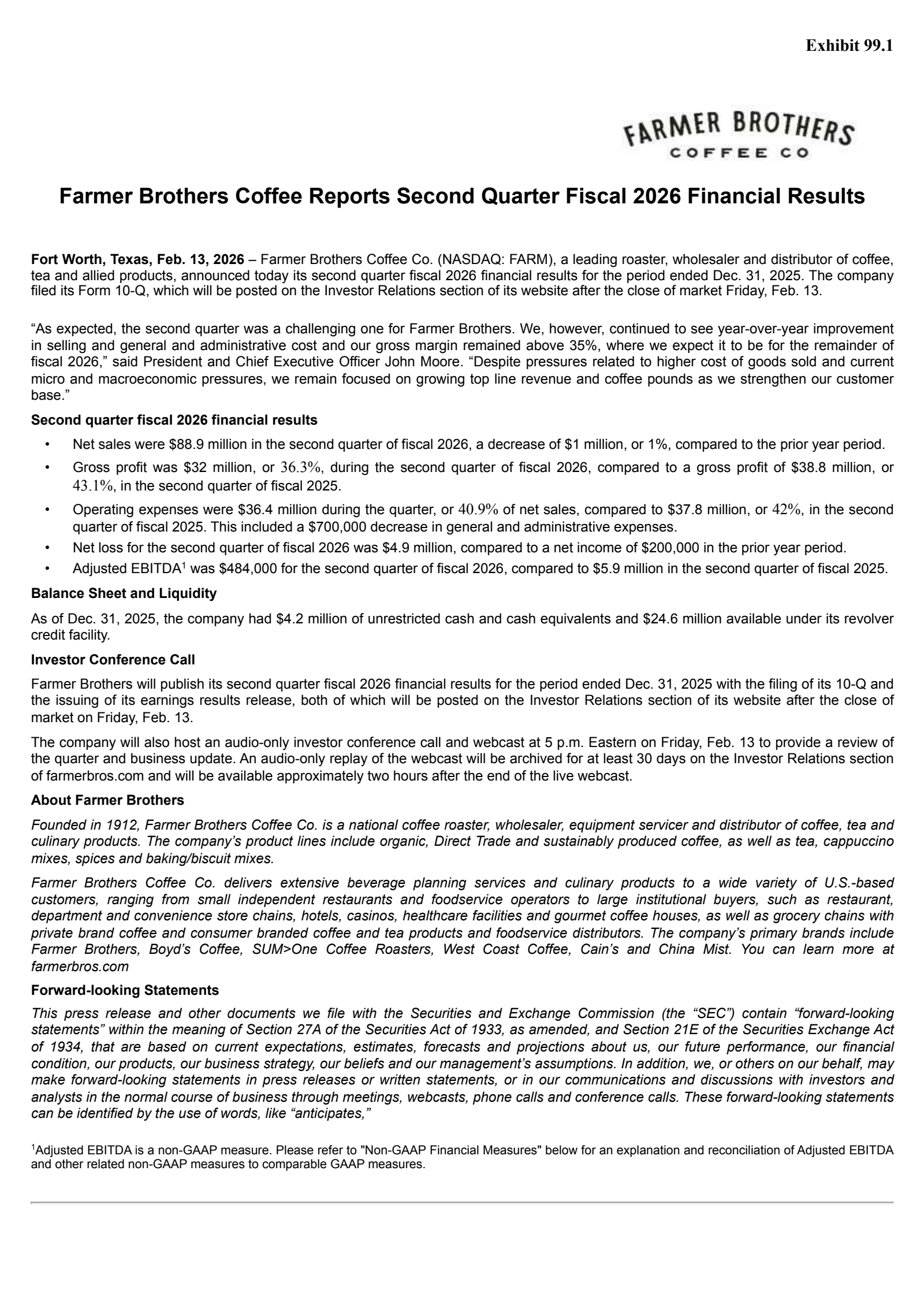 Farmer Brothers' Q2 2026 Press Release