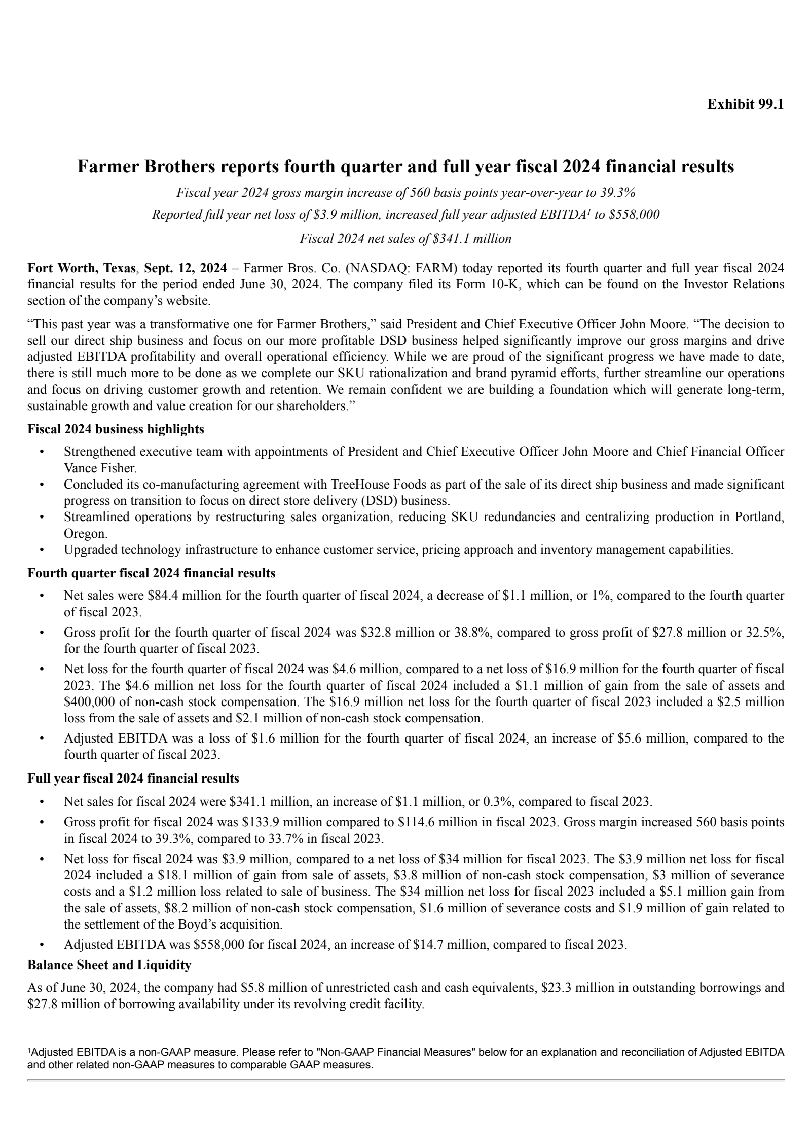 Farmer Brothers' Q4 2024 Press Release
