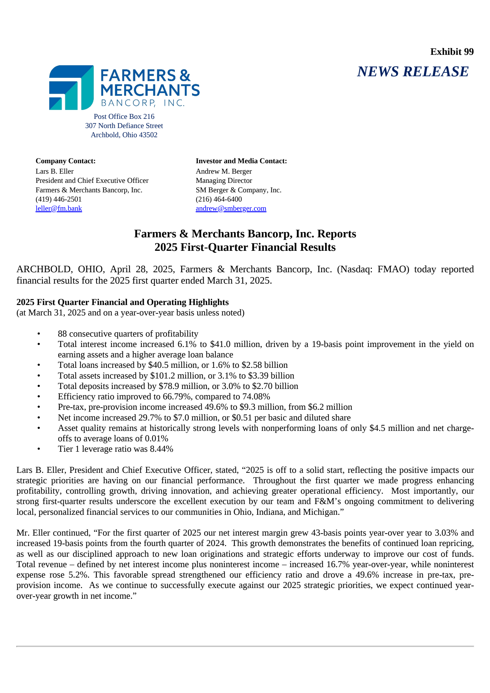 Farmers & Merchants Bancorp's Q1 2025 Press Release