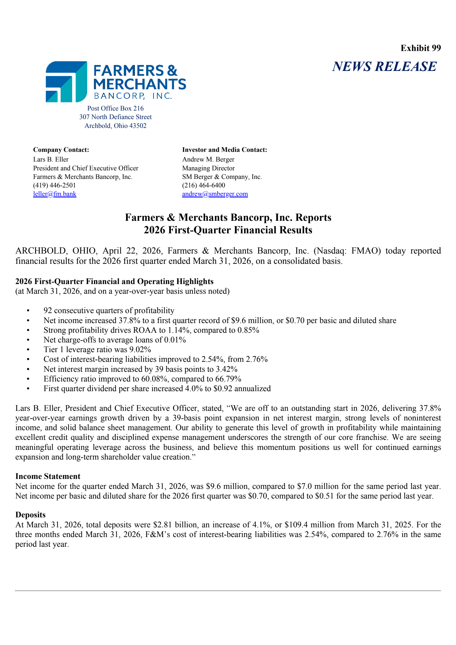 Farmers & Merchants Bancorp's Q1 2026 Press Release