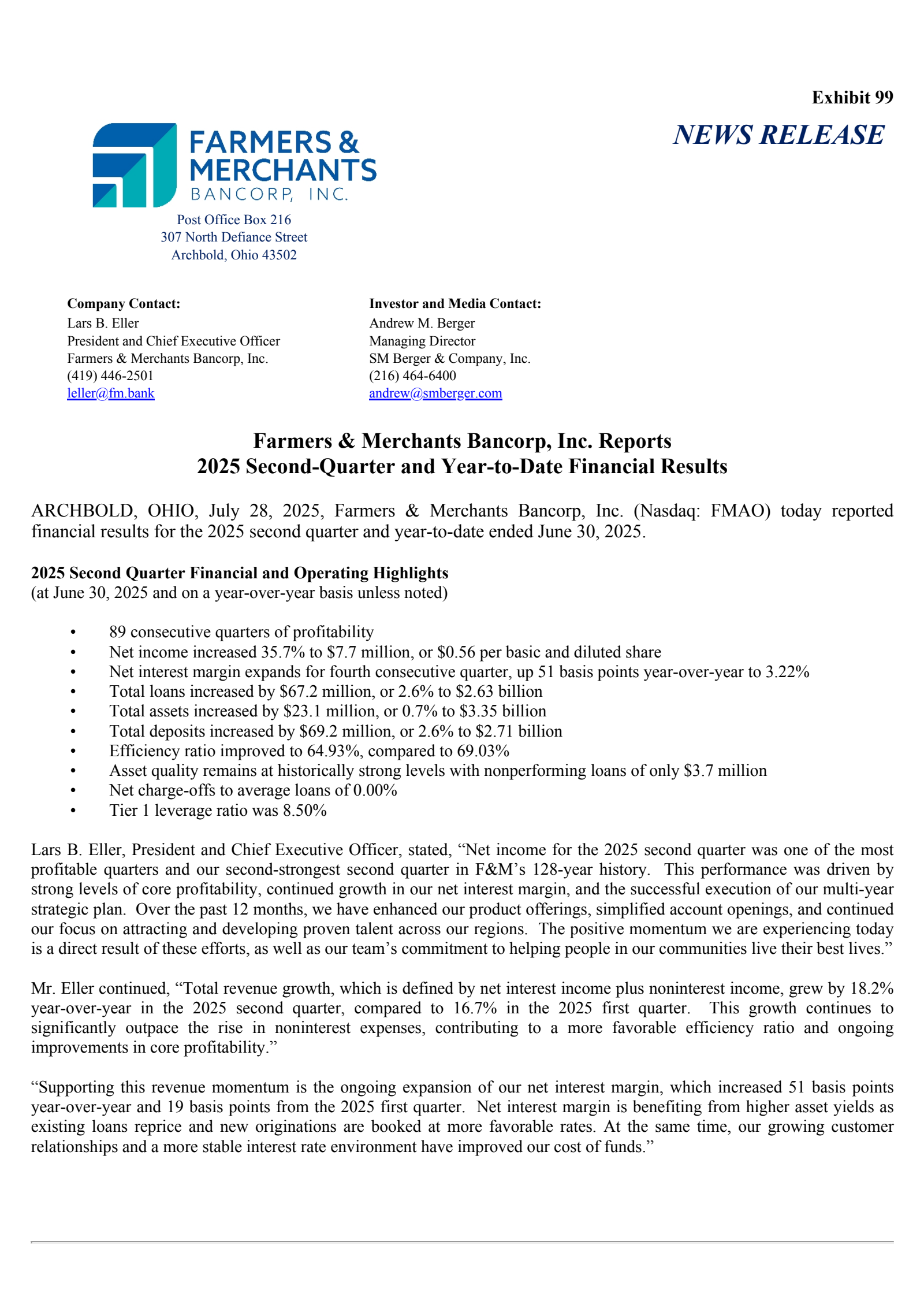 Farmers & Merchants Bancorp's Q2 2025 Press Release