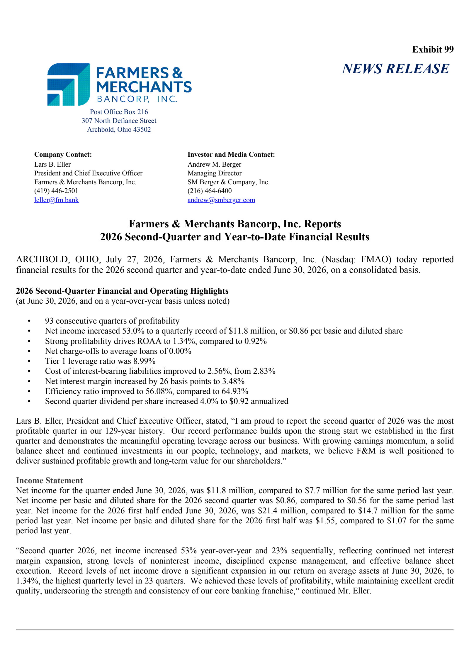 Farmers & Merchants Bancorp's Q2 2026 Press Release