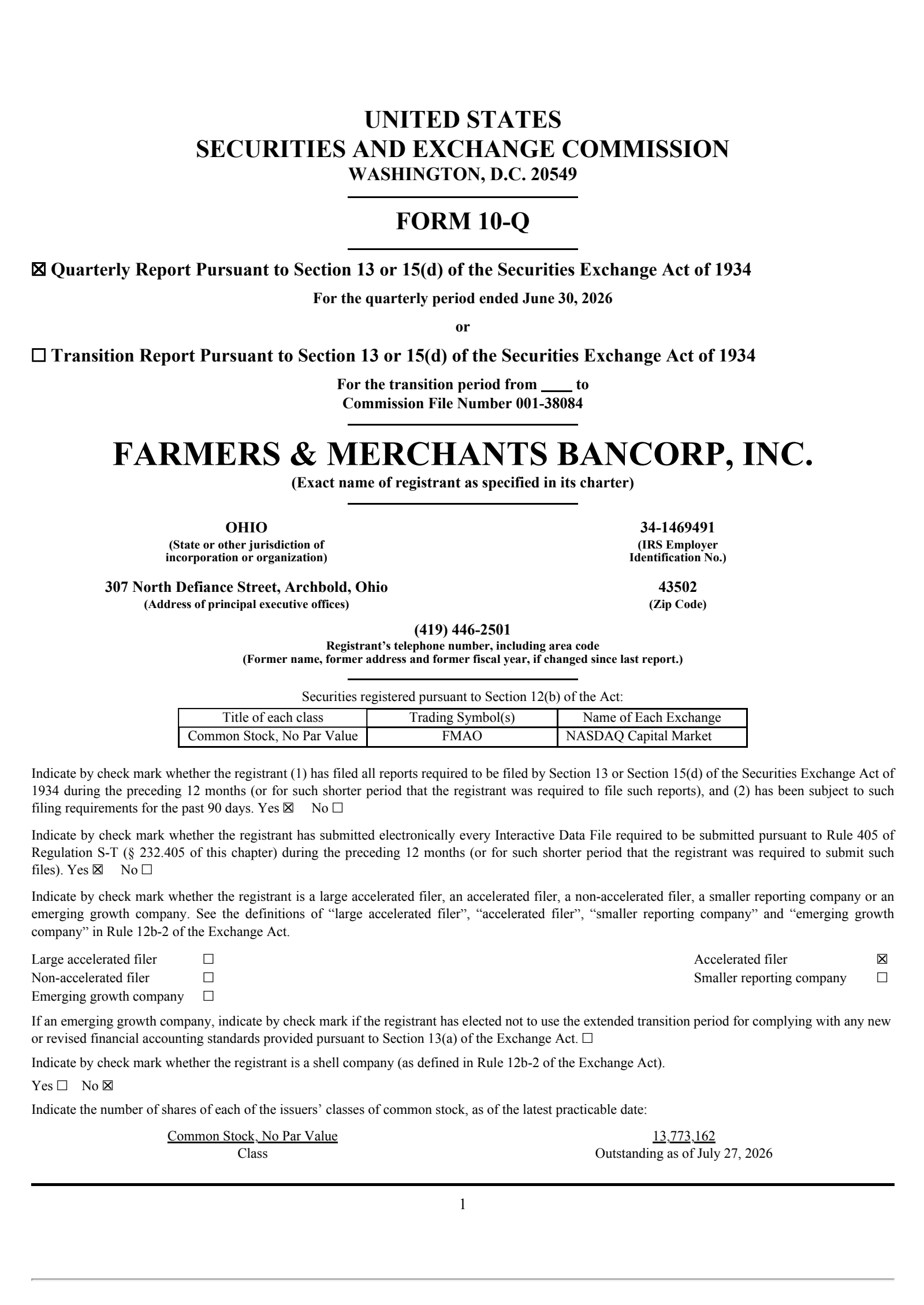 Farmers & Merchants Bancorp's Q2 2026 Quarterly report