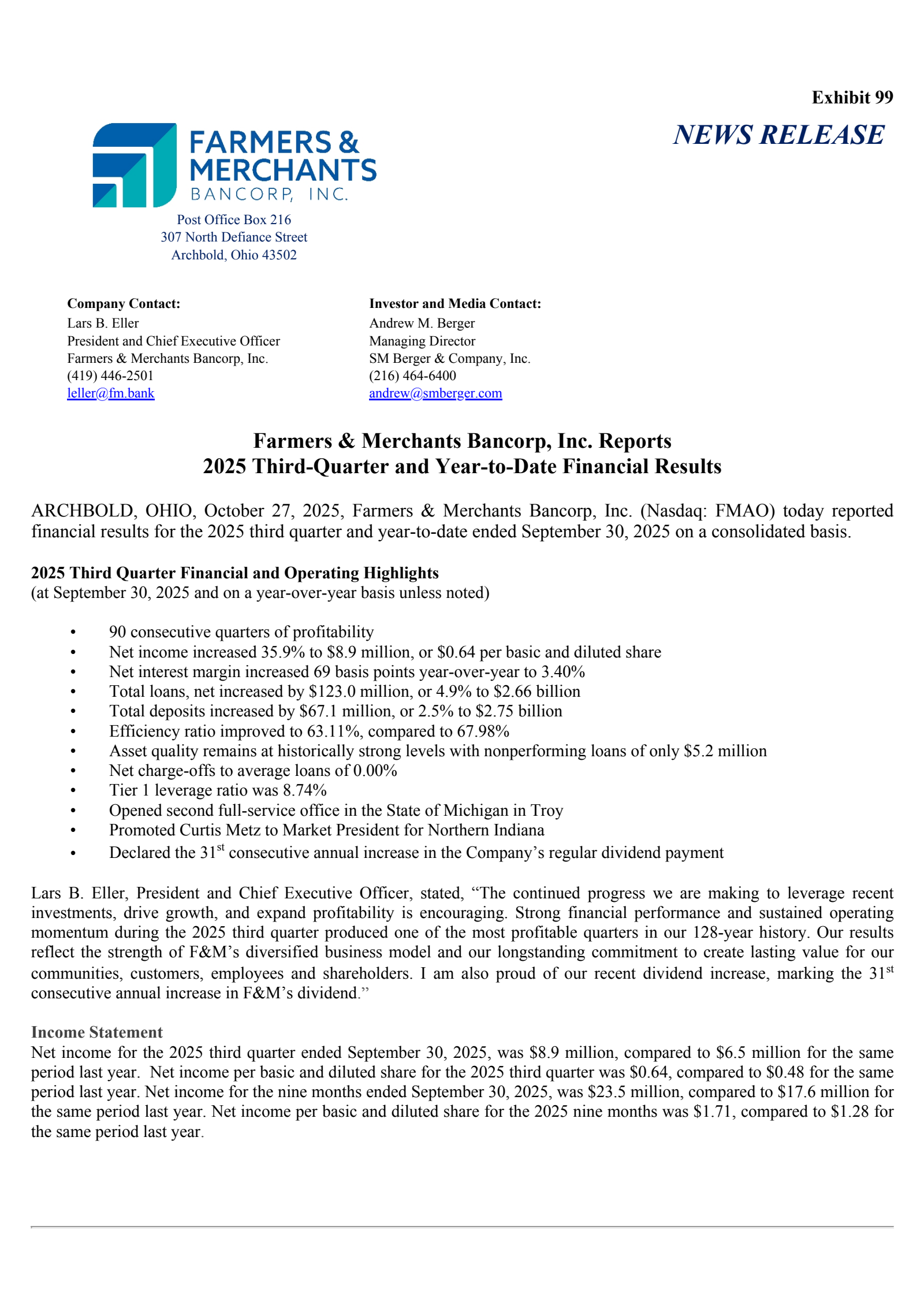 Farmers & Merchants Bancorp's Q3 2025 Earnings Release