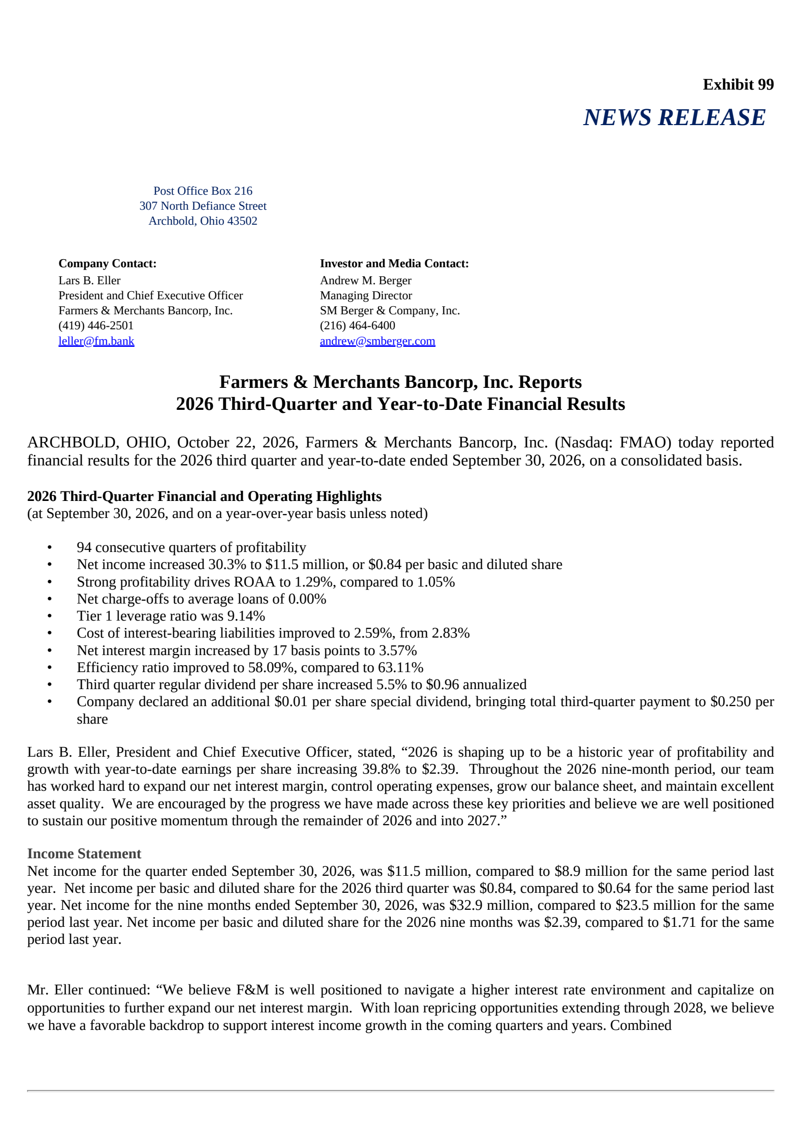 Farmers & Merchants Bancorp's Q3 2026 Press Release
