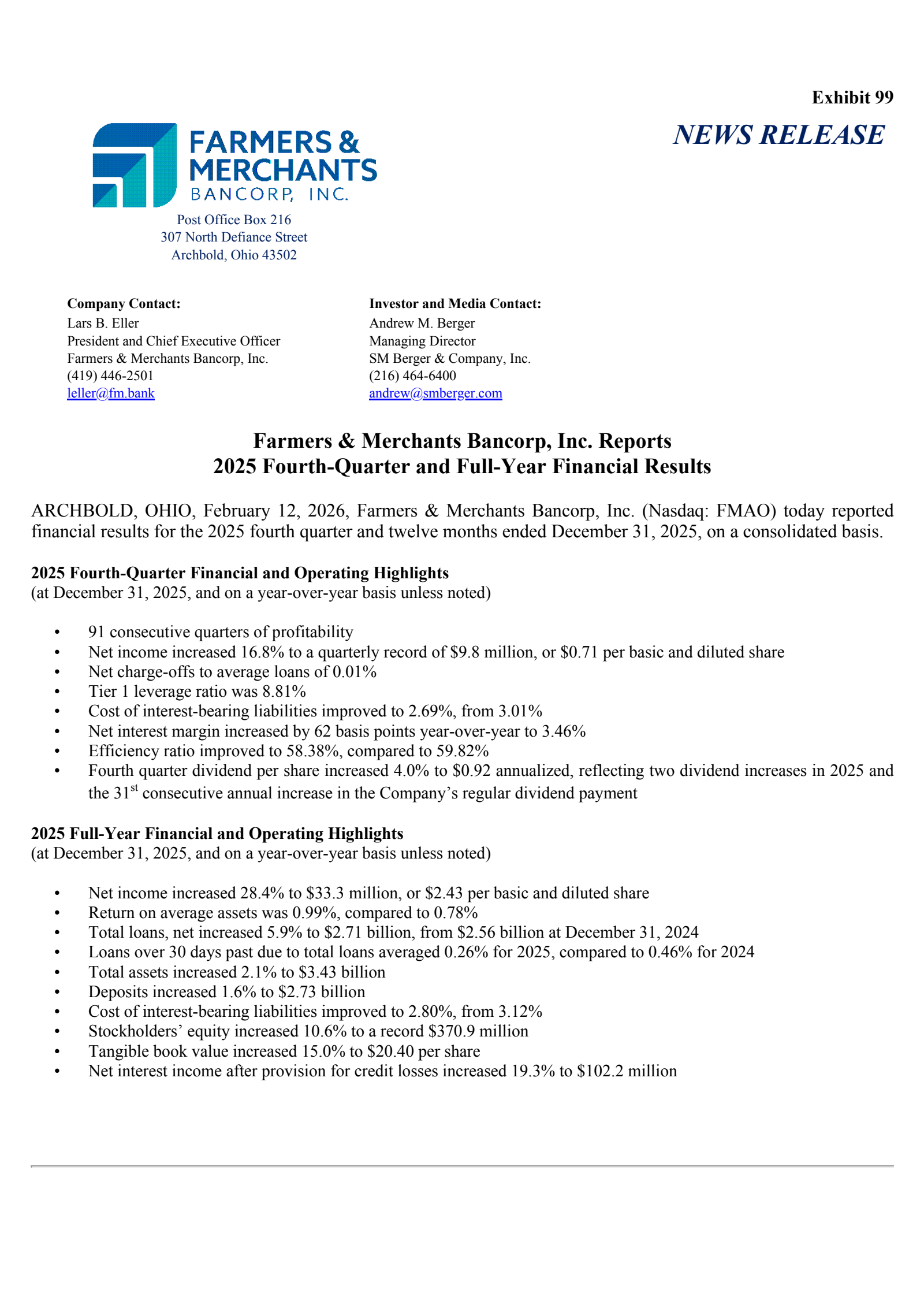 Farmers & Merchants Bancorp's Q4 2025 Press Release
