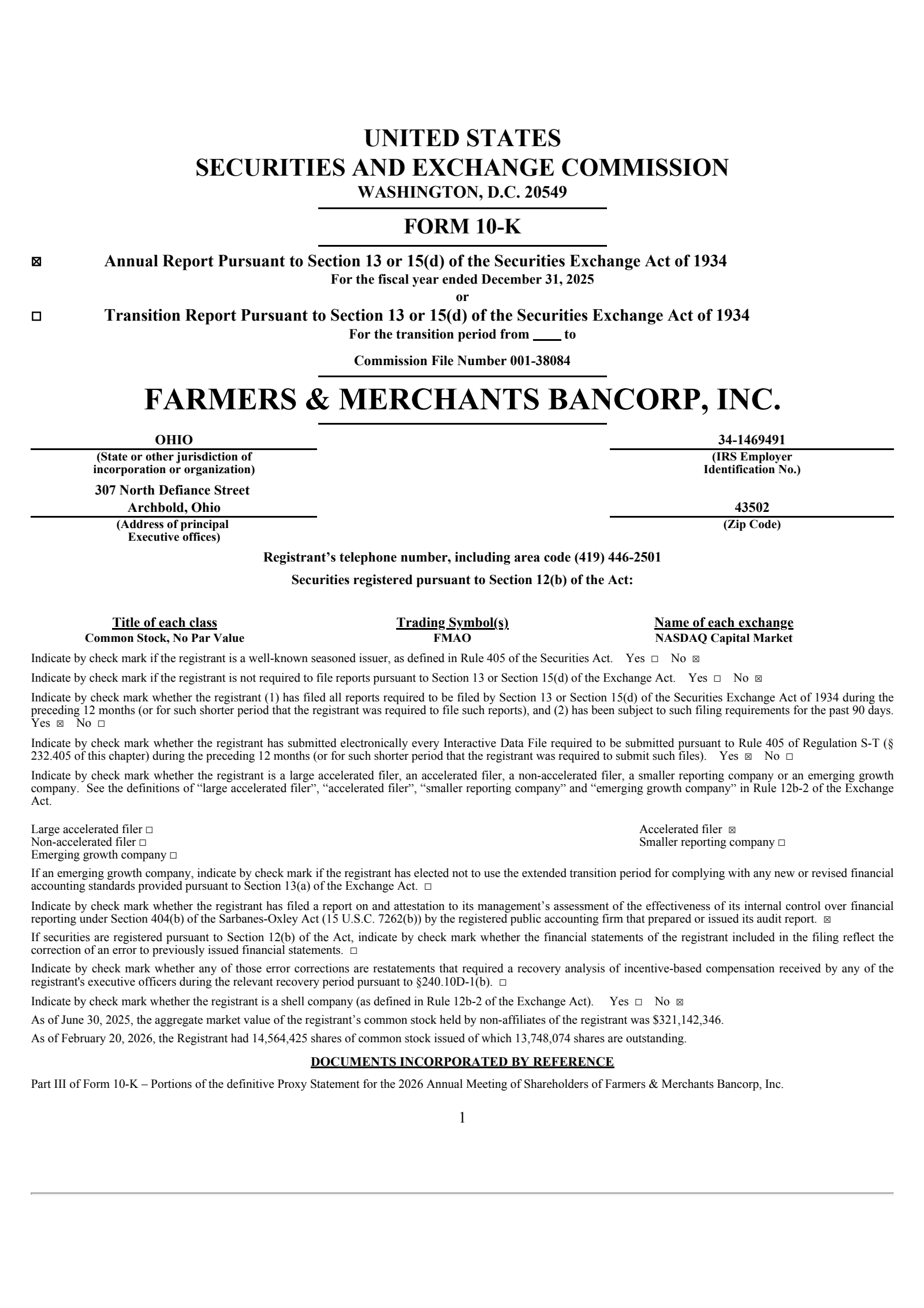 Farmers & Merchants Bancorp's Q4 2025 Annual report