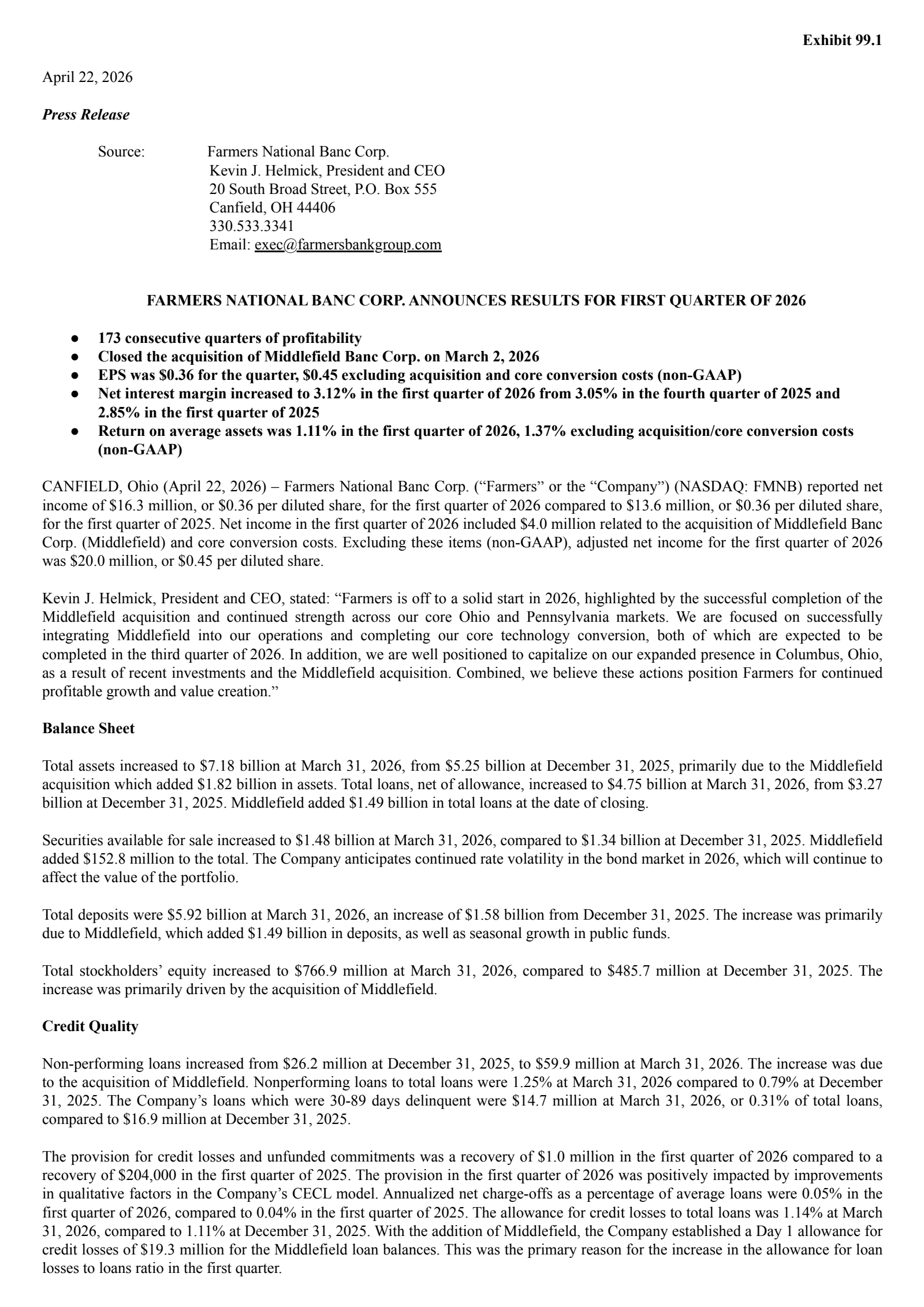 Farmers National Banc's Q1 2026 Press Release