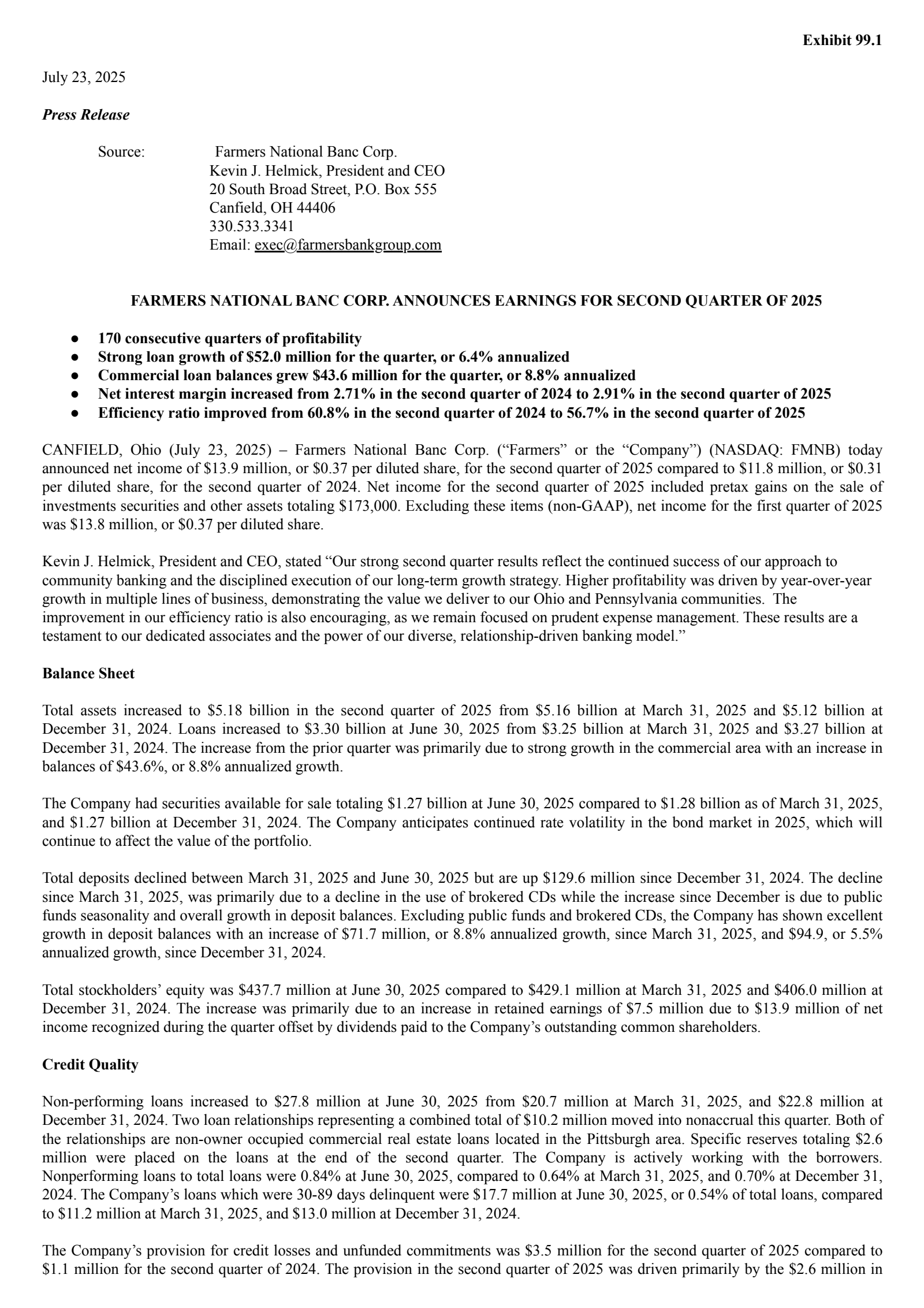 Farmers National Banc's Q2 2025 Press Release