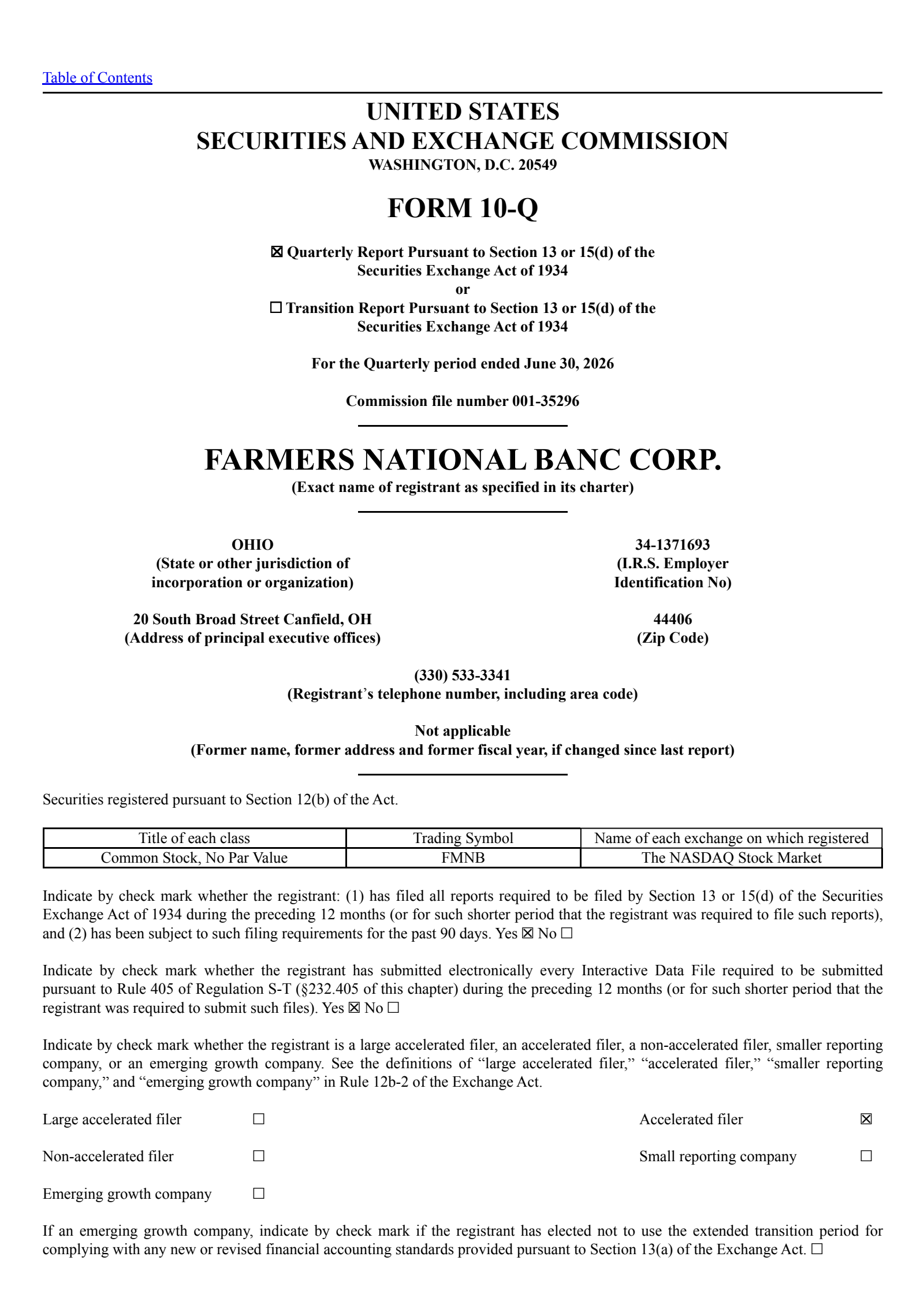 Farmers National Banc's Q2 2026 Quarterly report