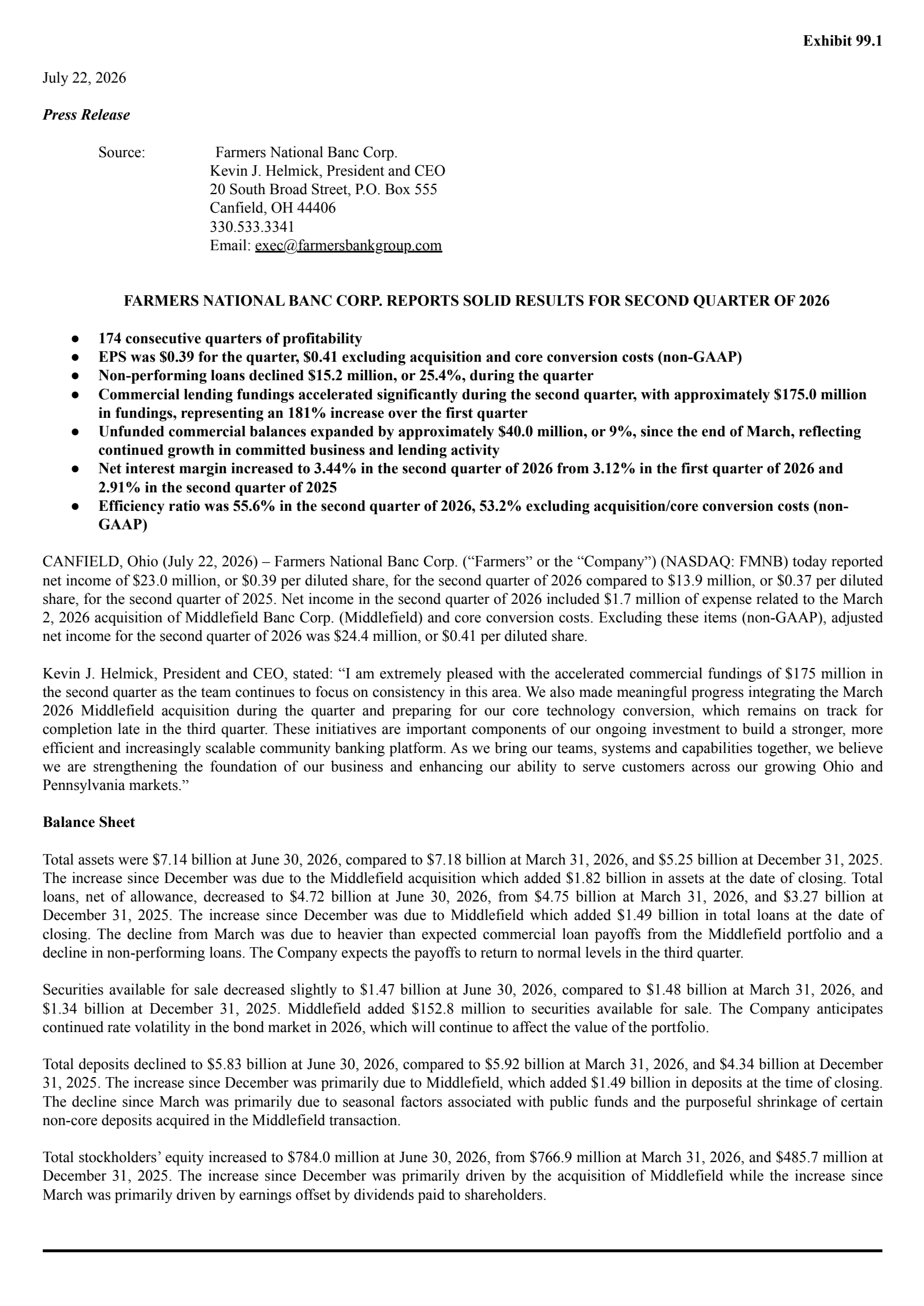Farmers National Banc's Q2 2026 Press Release