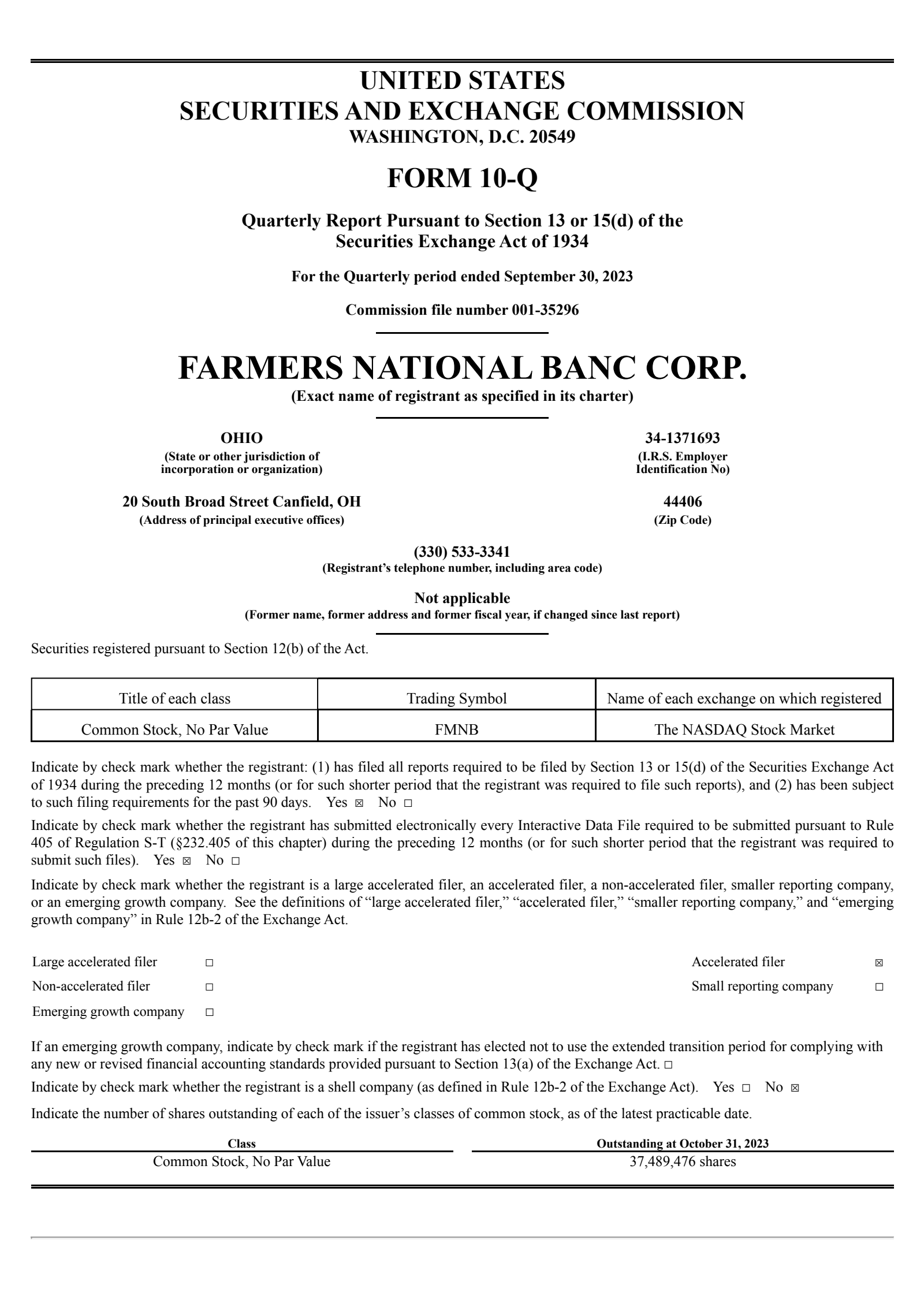 Farmers National Banc's Q3 2023 Quarterly report