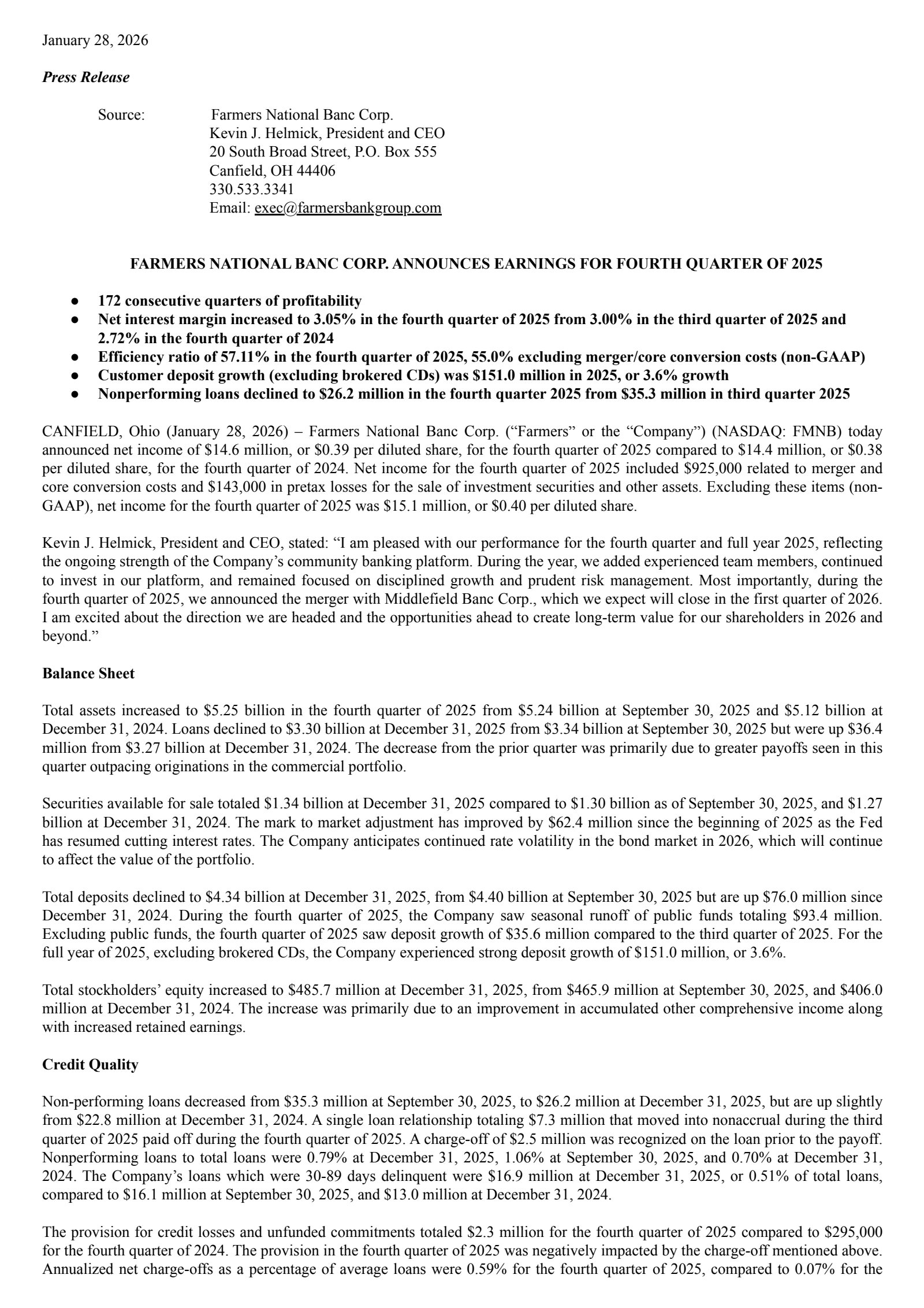 Farmers National Banc's Q4 2025 Press Release