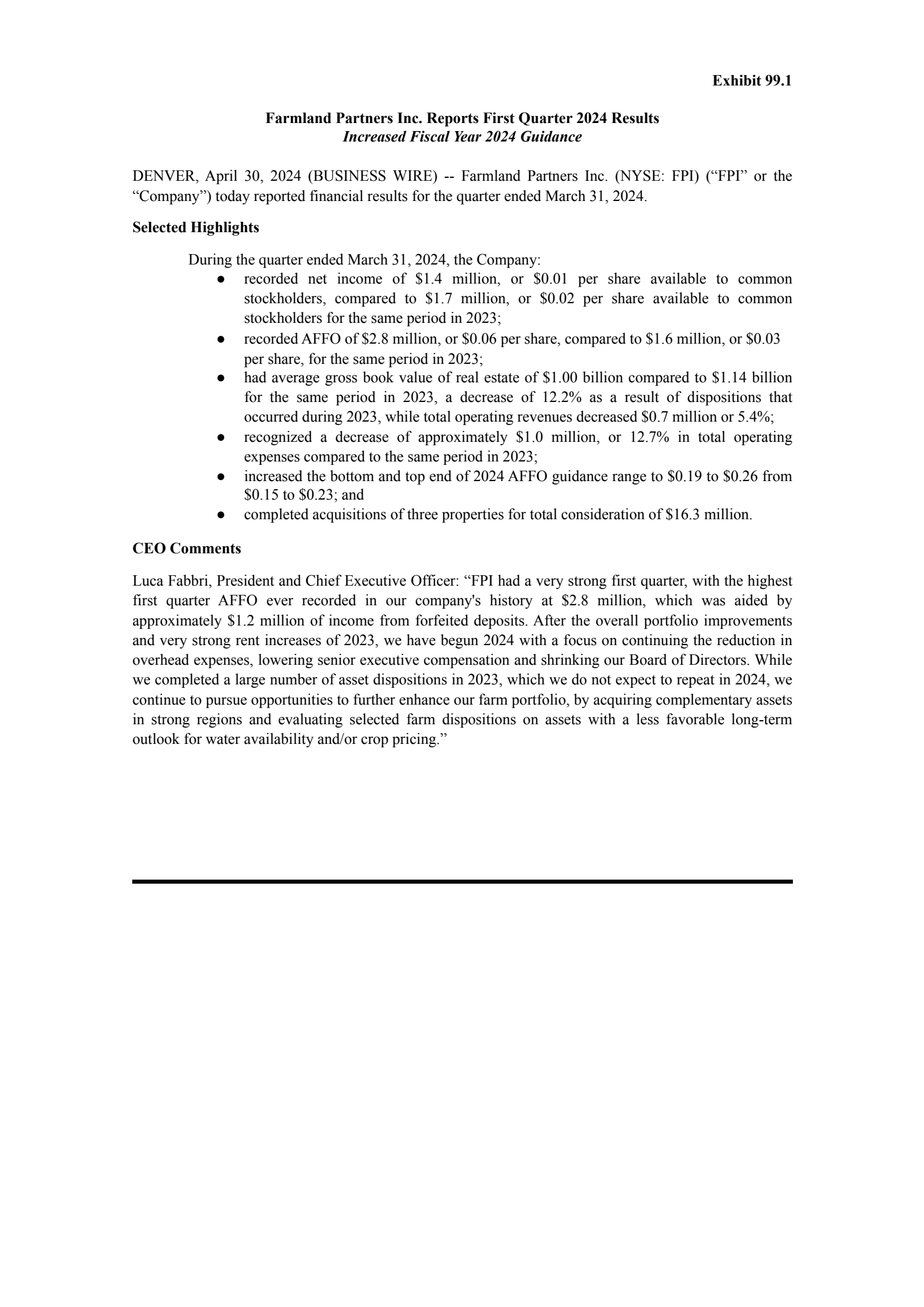 Farmland Partners' Q1 2024 Press Release