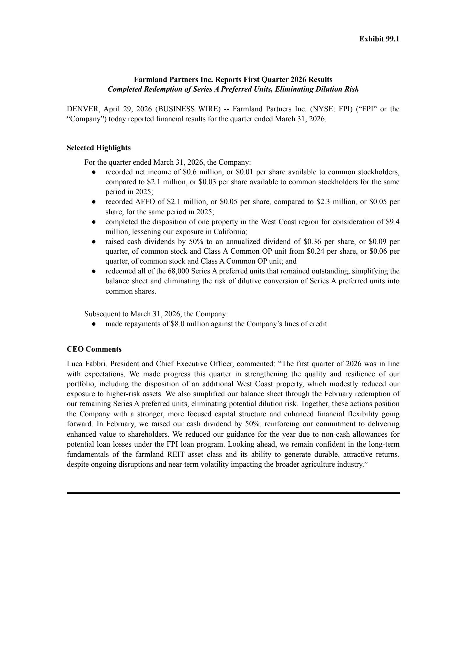 Farmland Partners' Q1 2026 Press Release