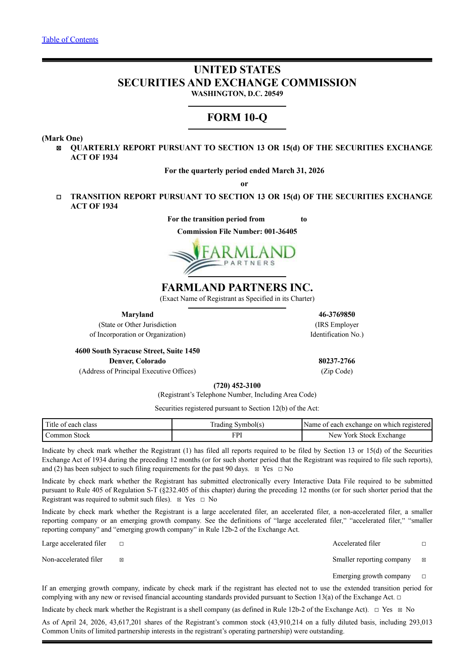 Farmland Partners' Q1 2026 Quarterly report