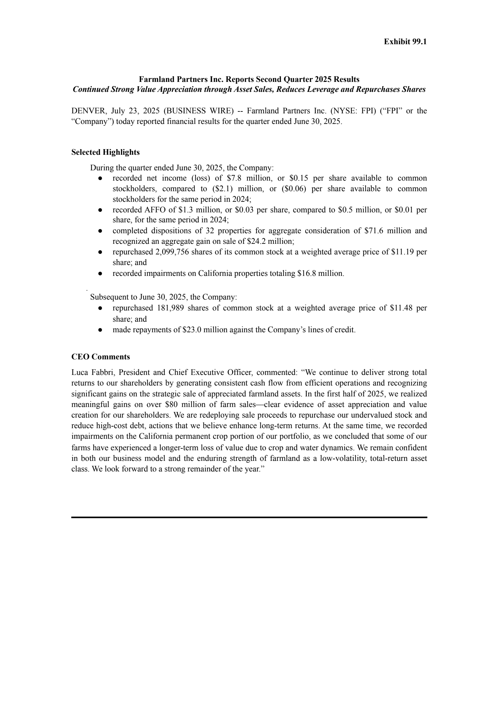 Farmland Partners' Q2 2025 Press Release