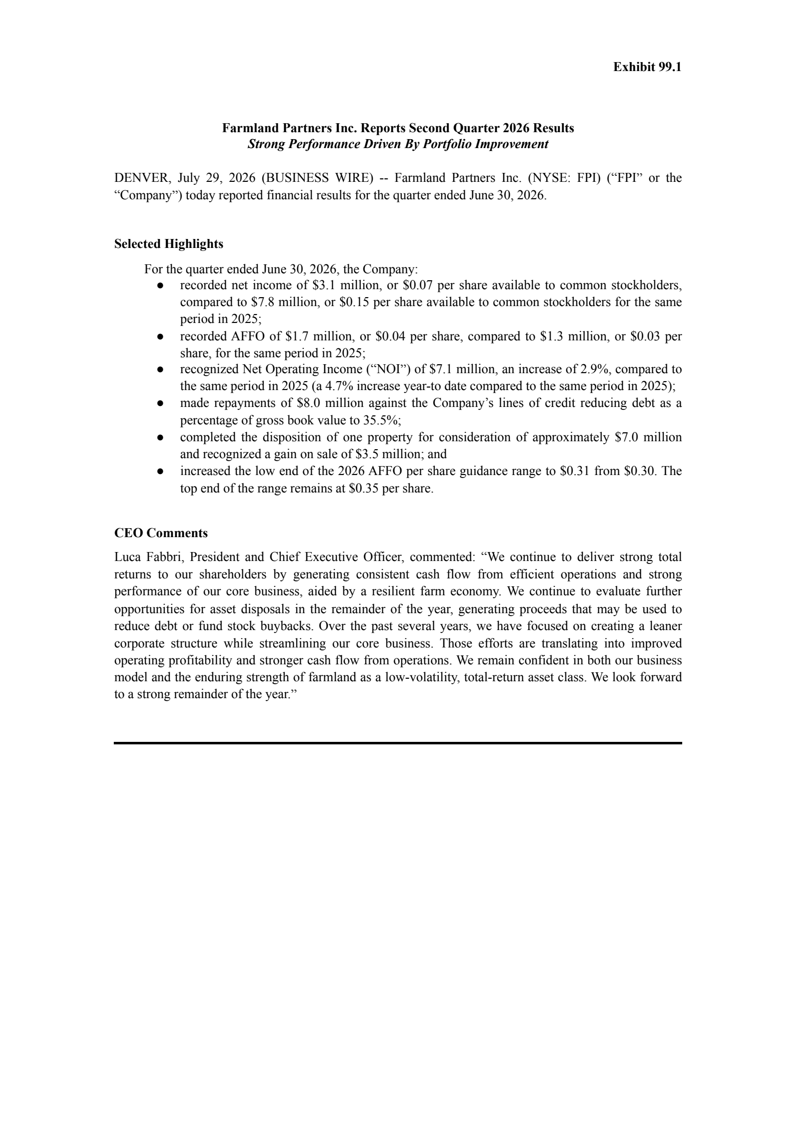 Farmland Partners' Q2 2026 Press Release