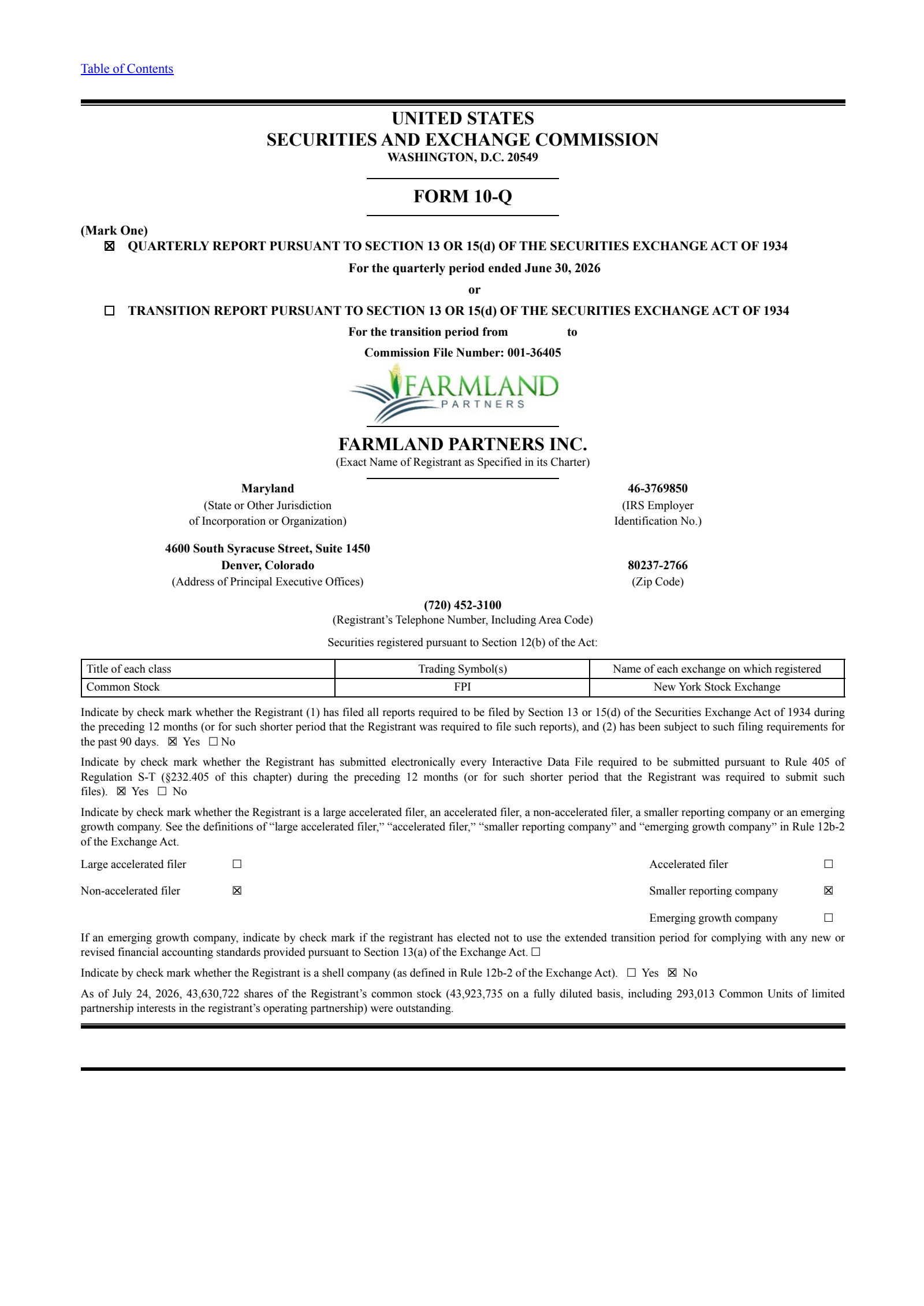 Farmland Partners' Q2 2026 Quarterly report