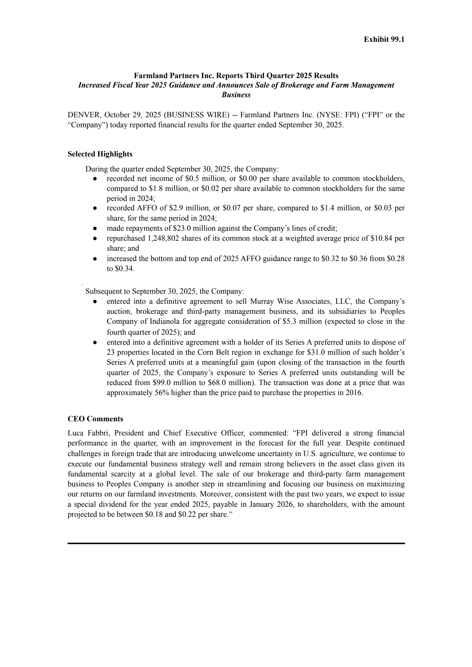 Farmland Partners' Q3 2025 Earnings Release