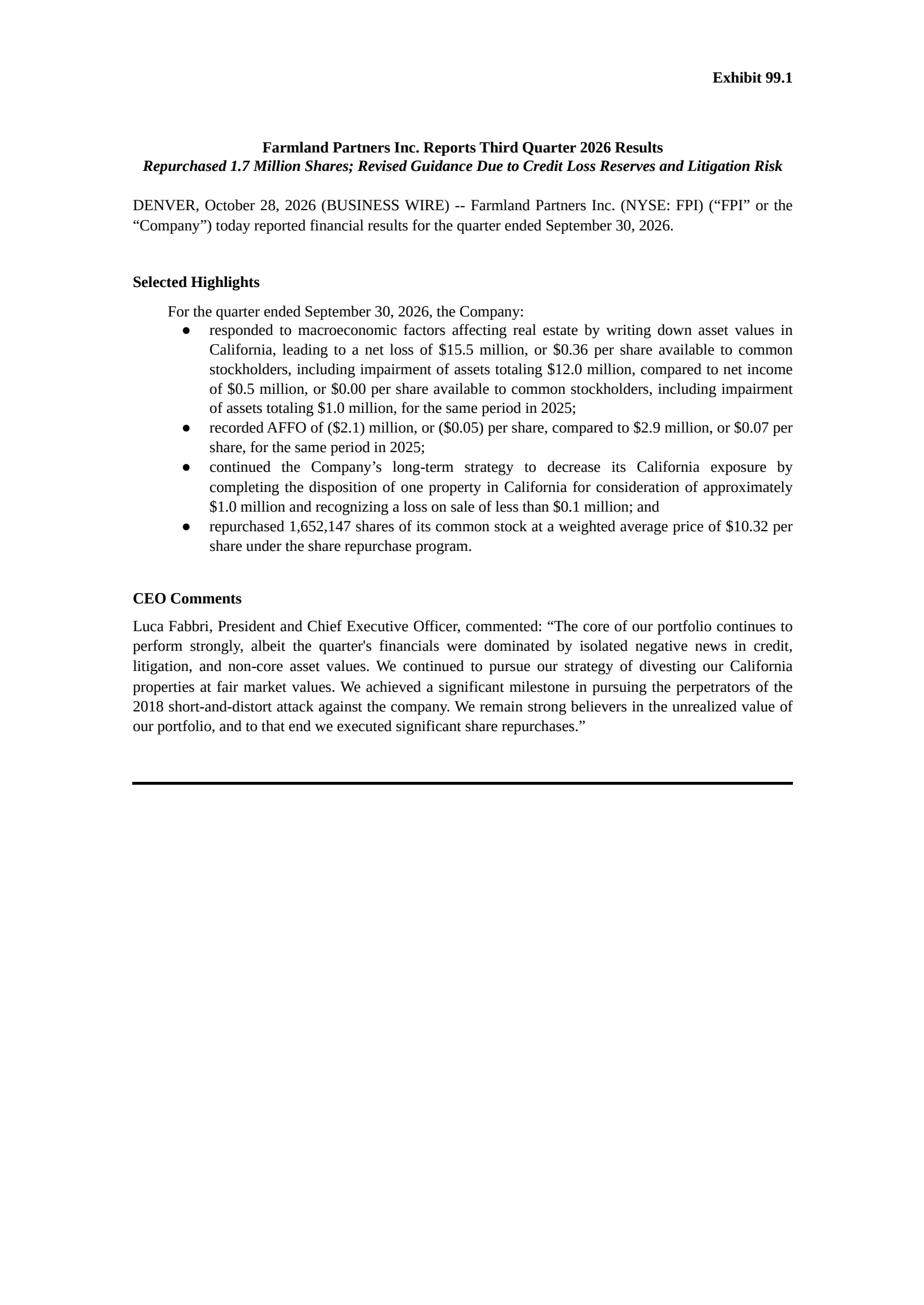 Farmland Partners' Q3 2026 Press Release