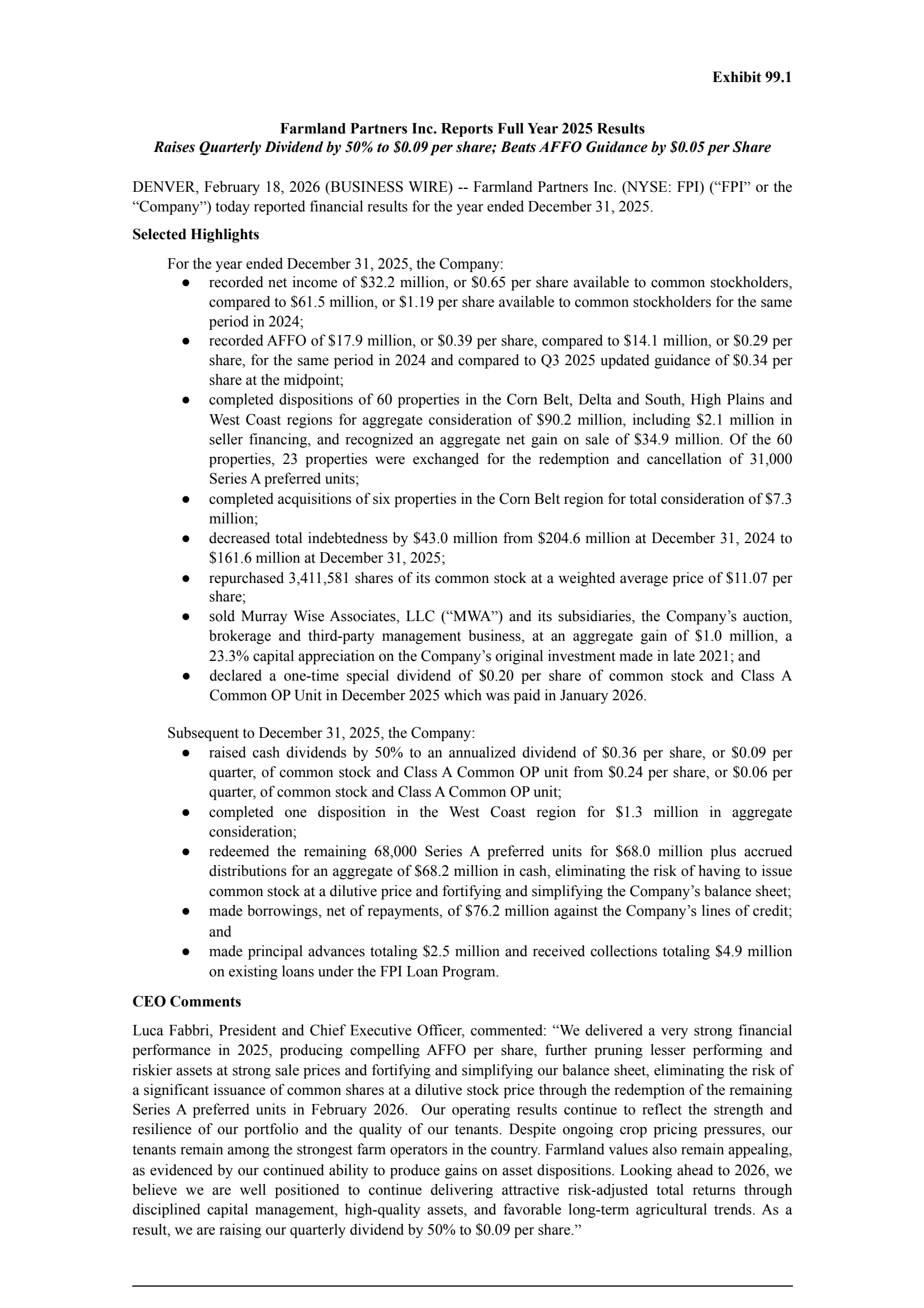 Farmland Partners' Q4 2025 Press Release
