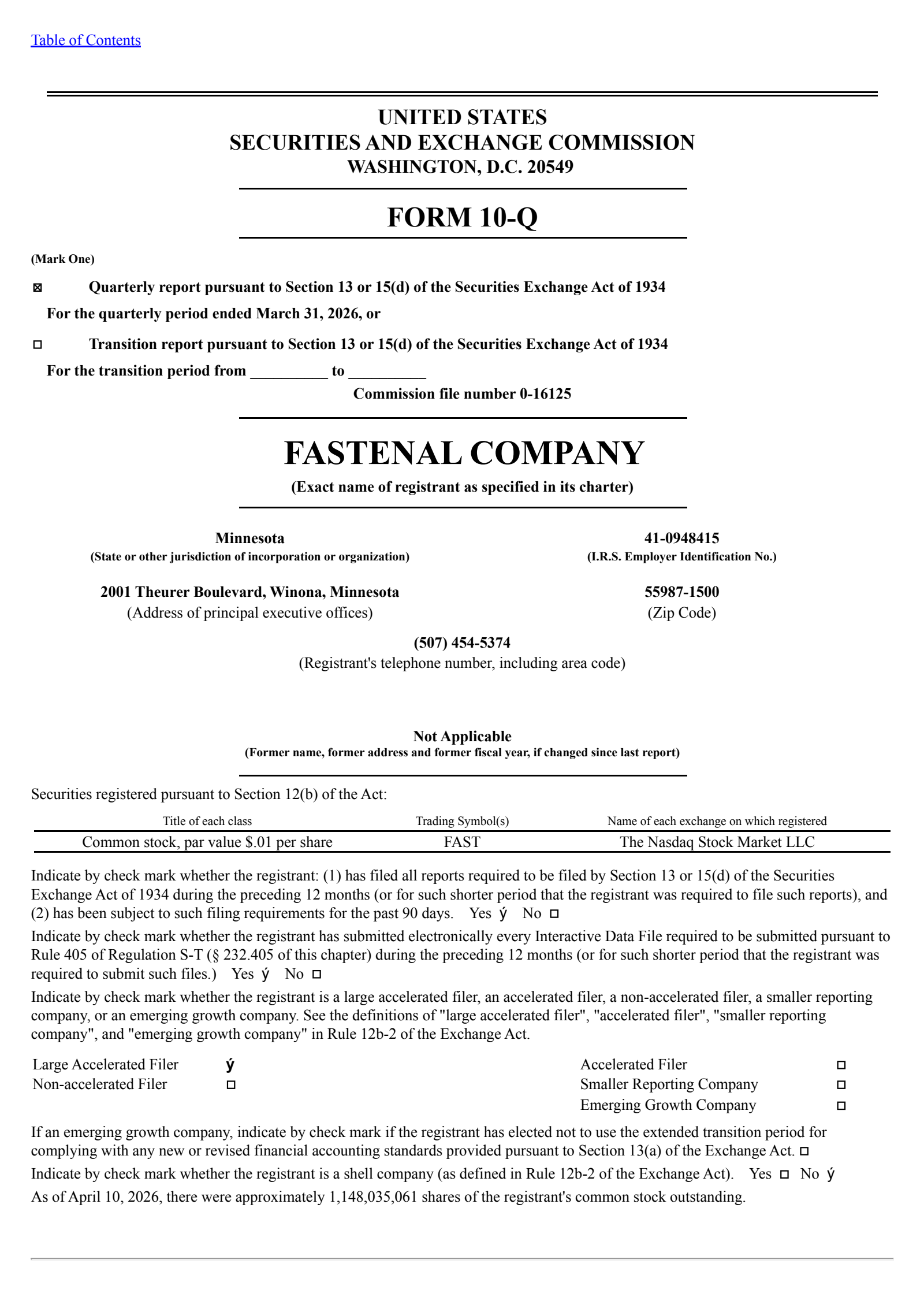 Fastenal's Q1 2026 Quarterly report