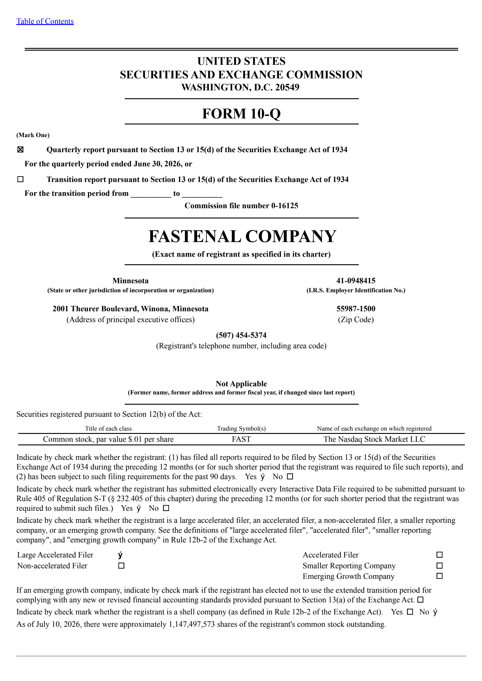 Fastenal's Q2 2026 Quarterly report