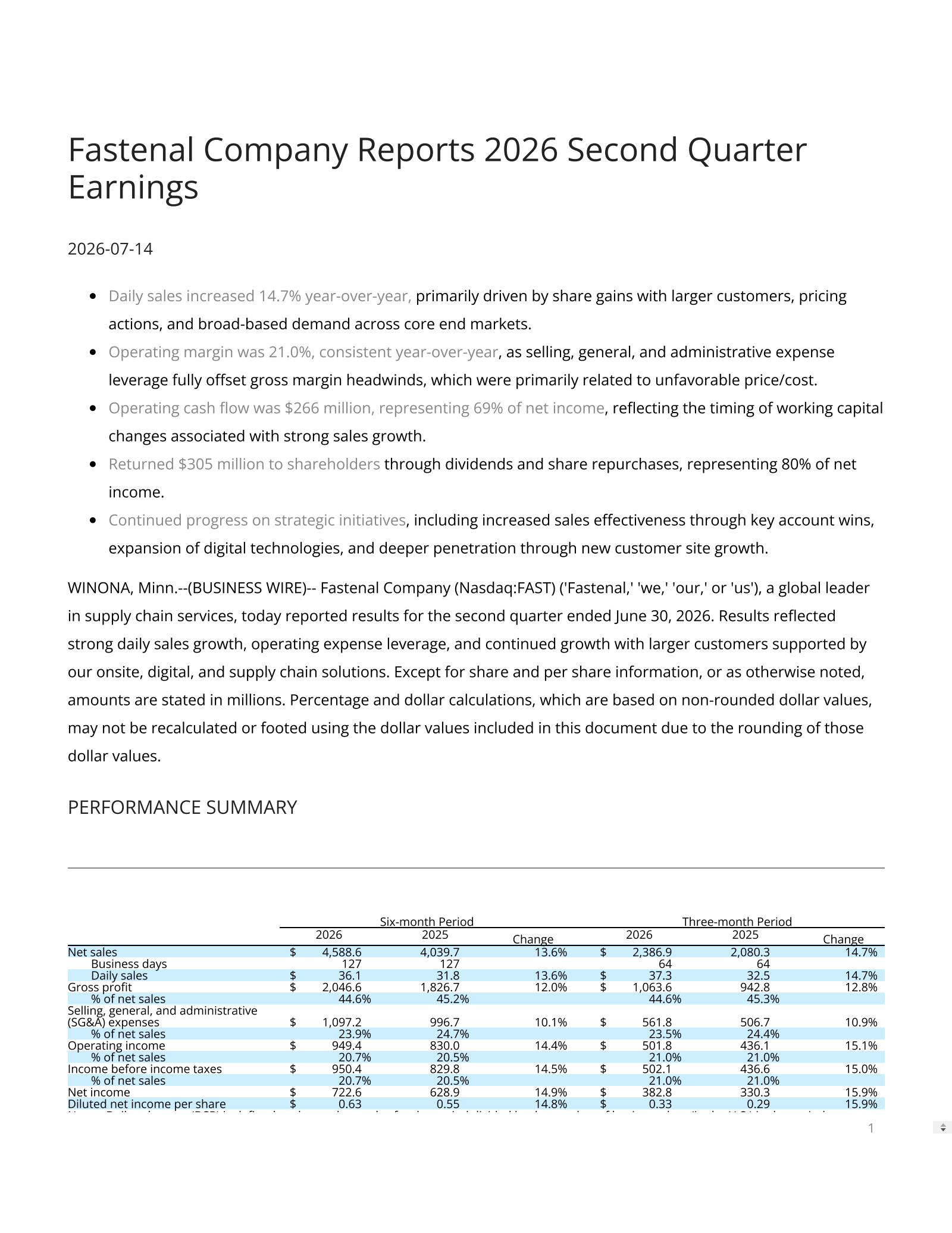 Fastenal's Q2 2026 Press Release