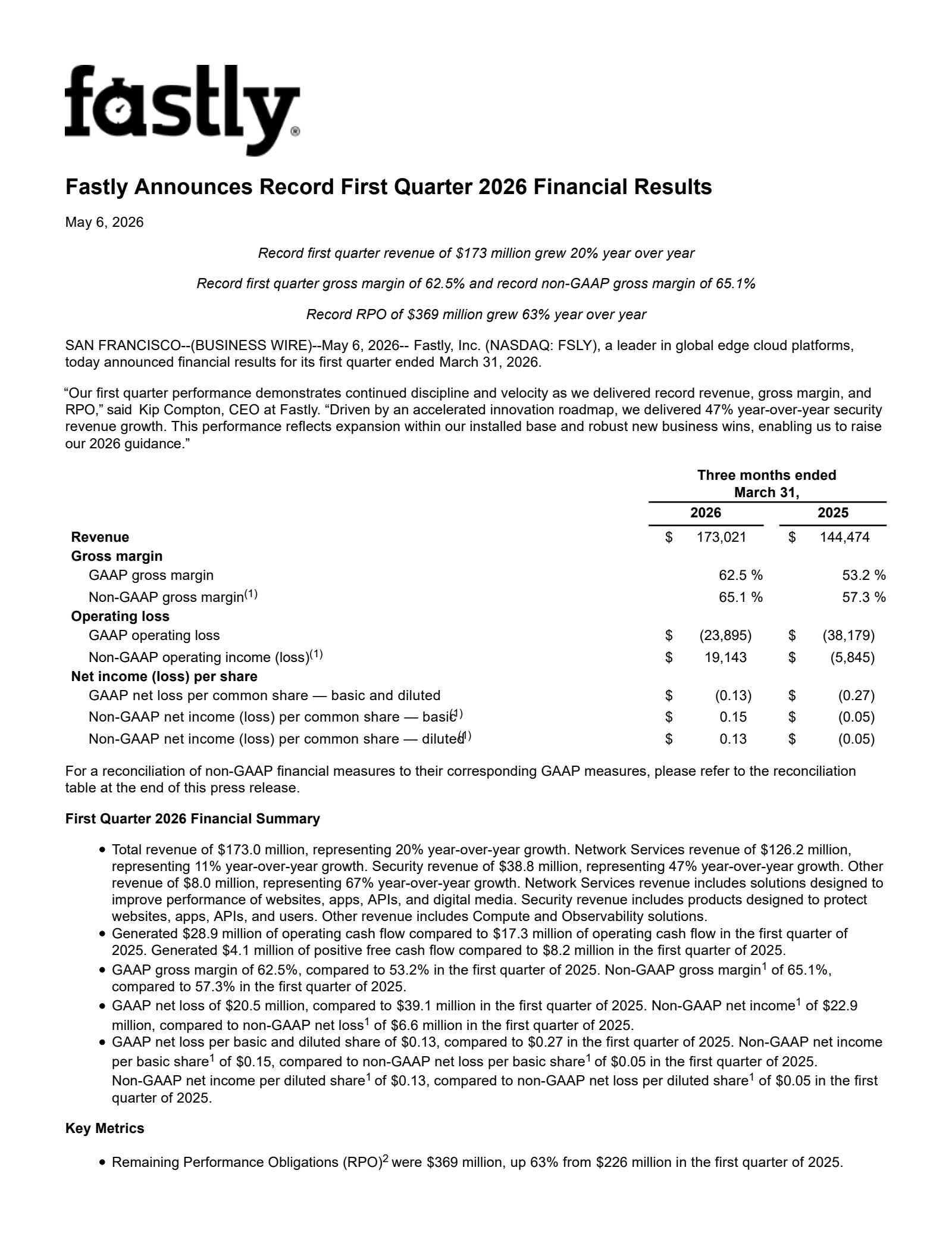 Fastly's Q1 2026 Press Release