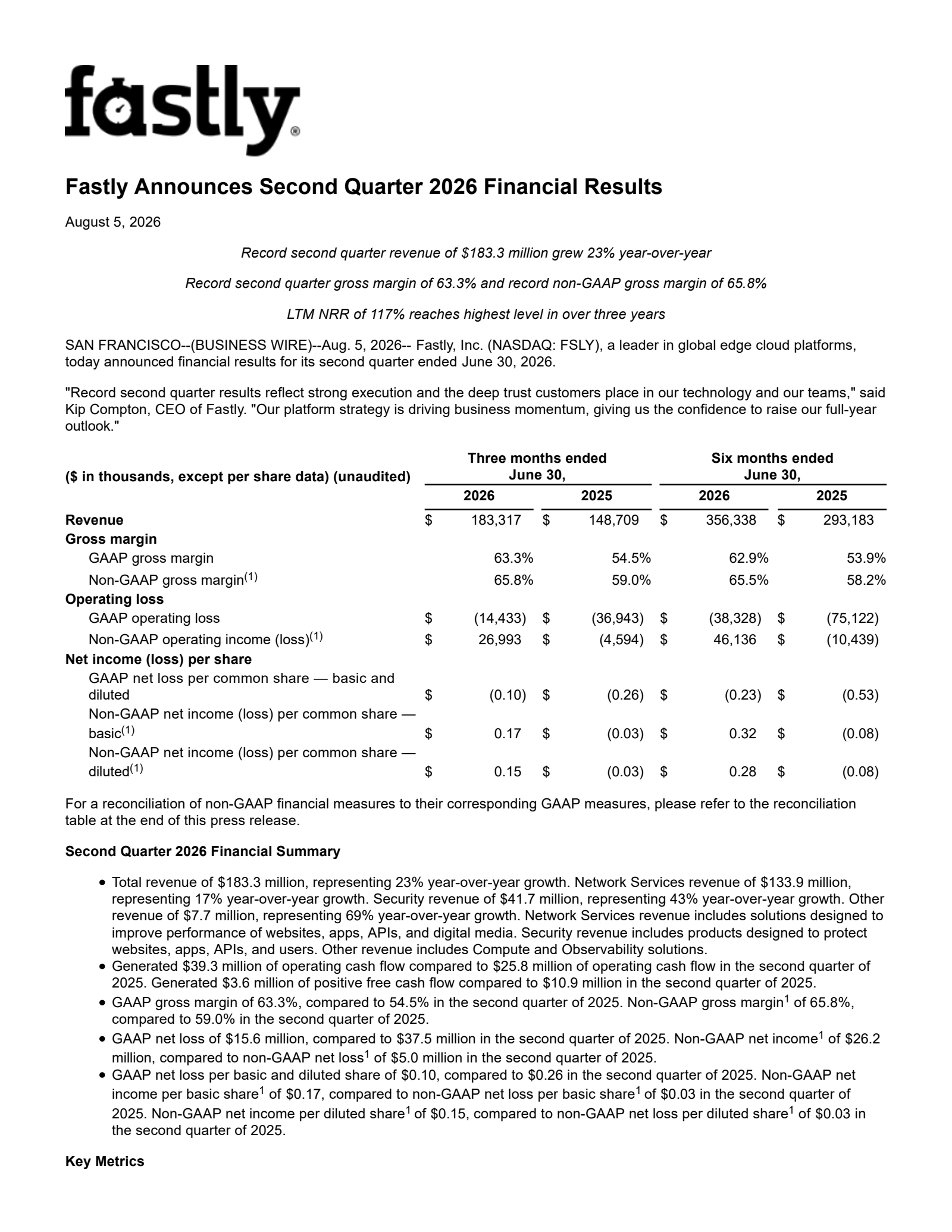 Fastly's Q2 2026 Press Release