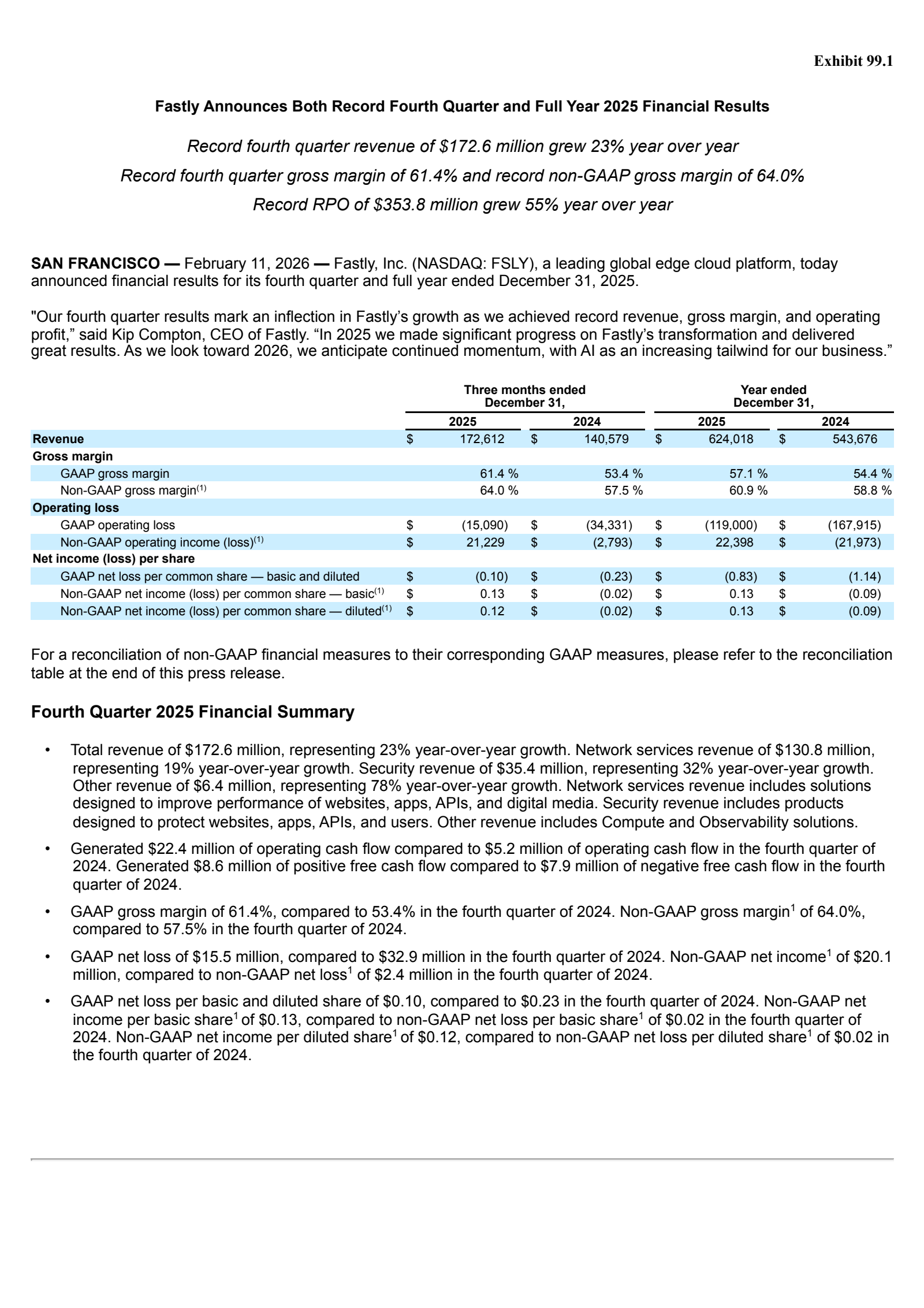 Fastly's Q4 2025 Press Release