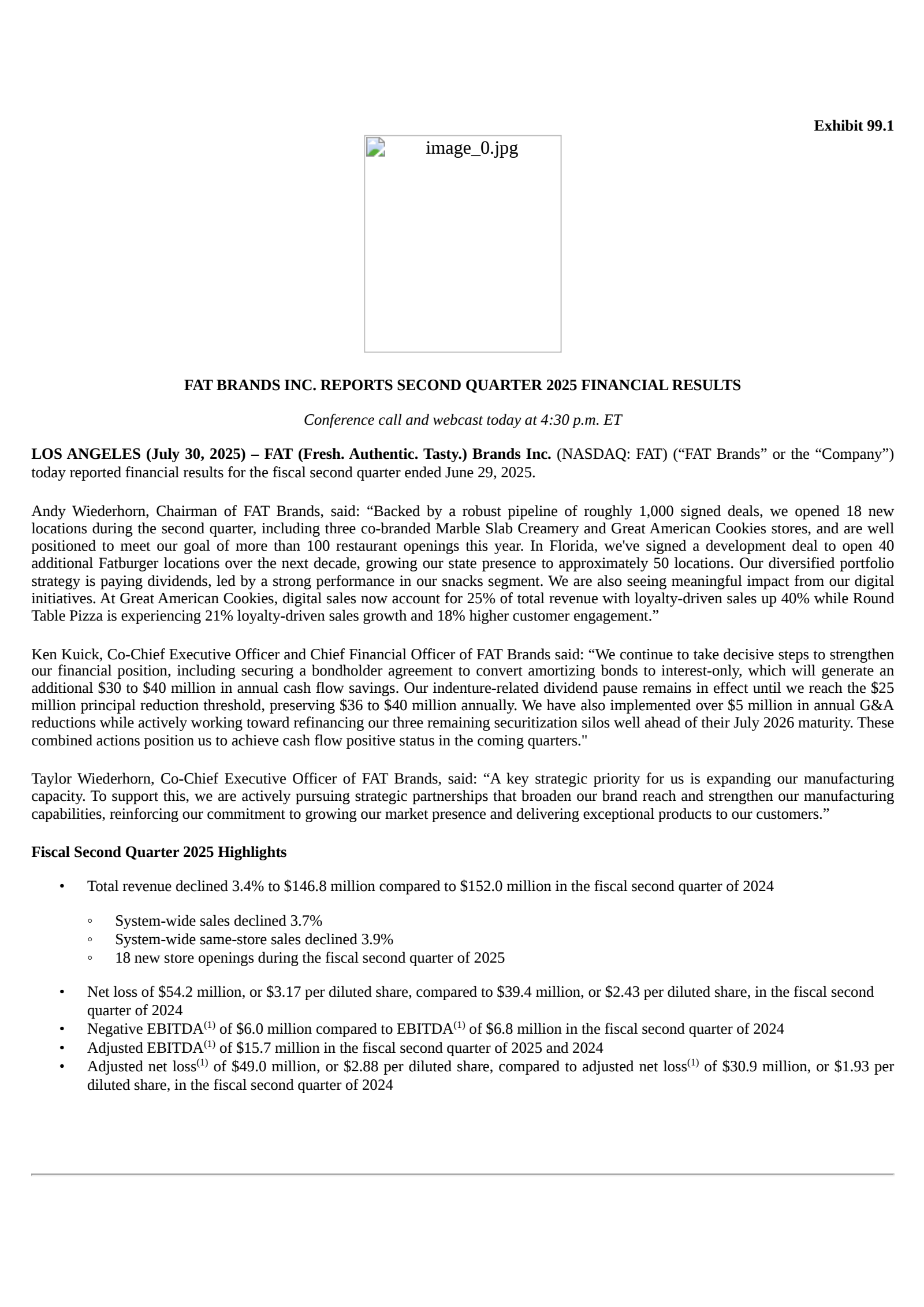 FAT Brands' Q2 2025 Press Release