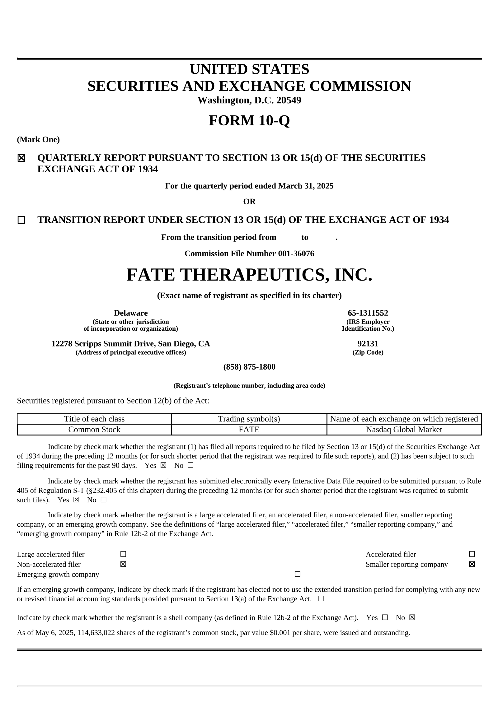 Fate Therapeutics' Q1 2025 Quarterly report