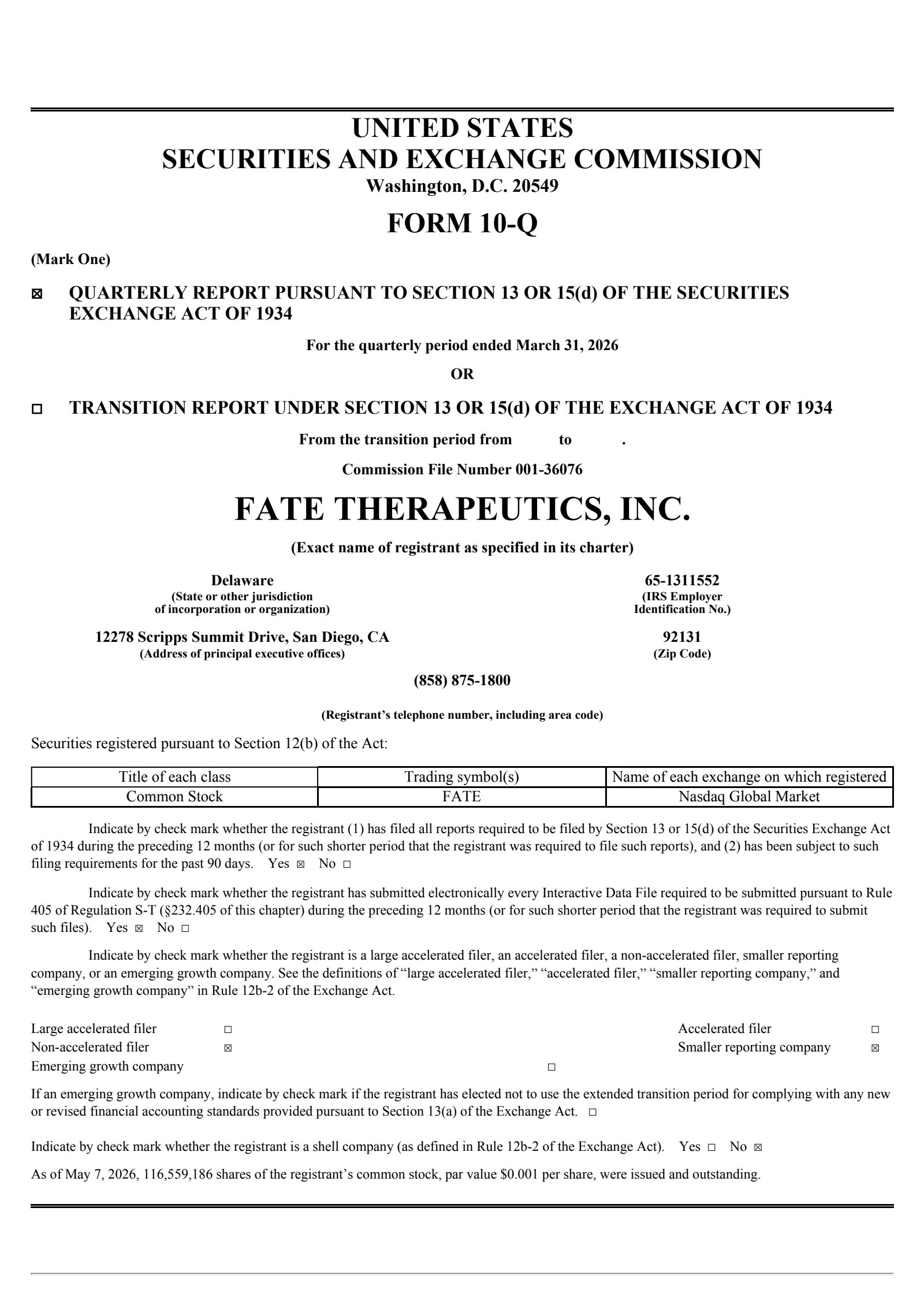 Fate Therapeutics' Q1 2026 Quarterly report