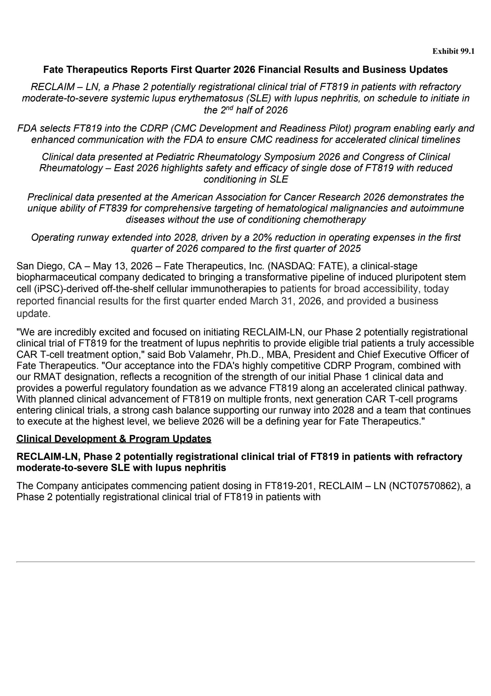 Fate Therapeutics' Q1 2026 Press Release