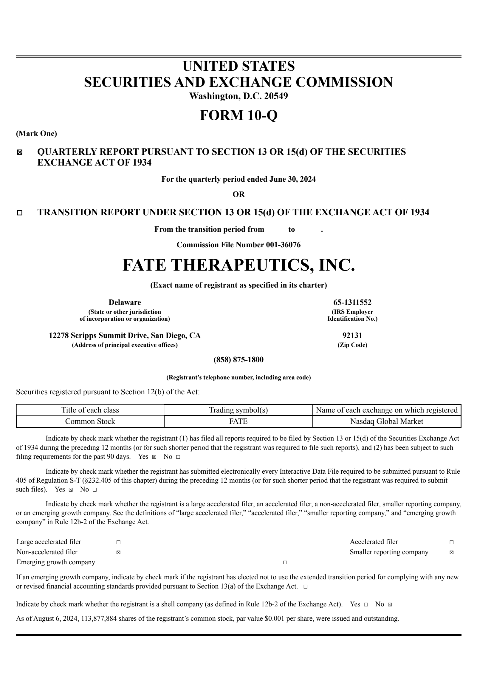 Fate Therapeutics' Q2 2024 Quarterly report