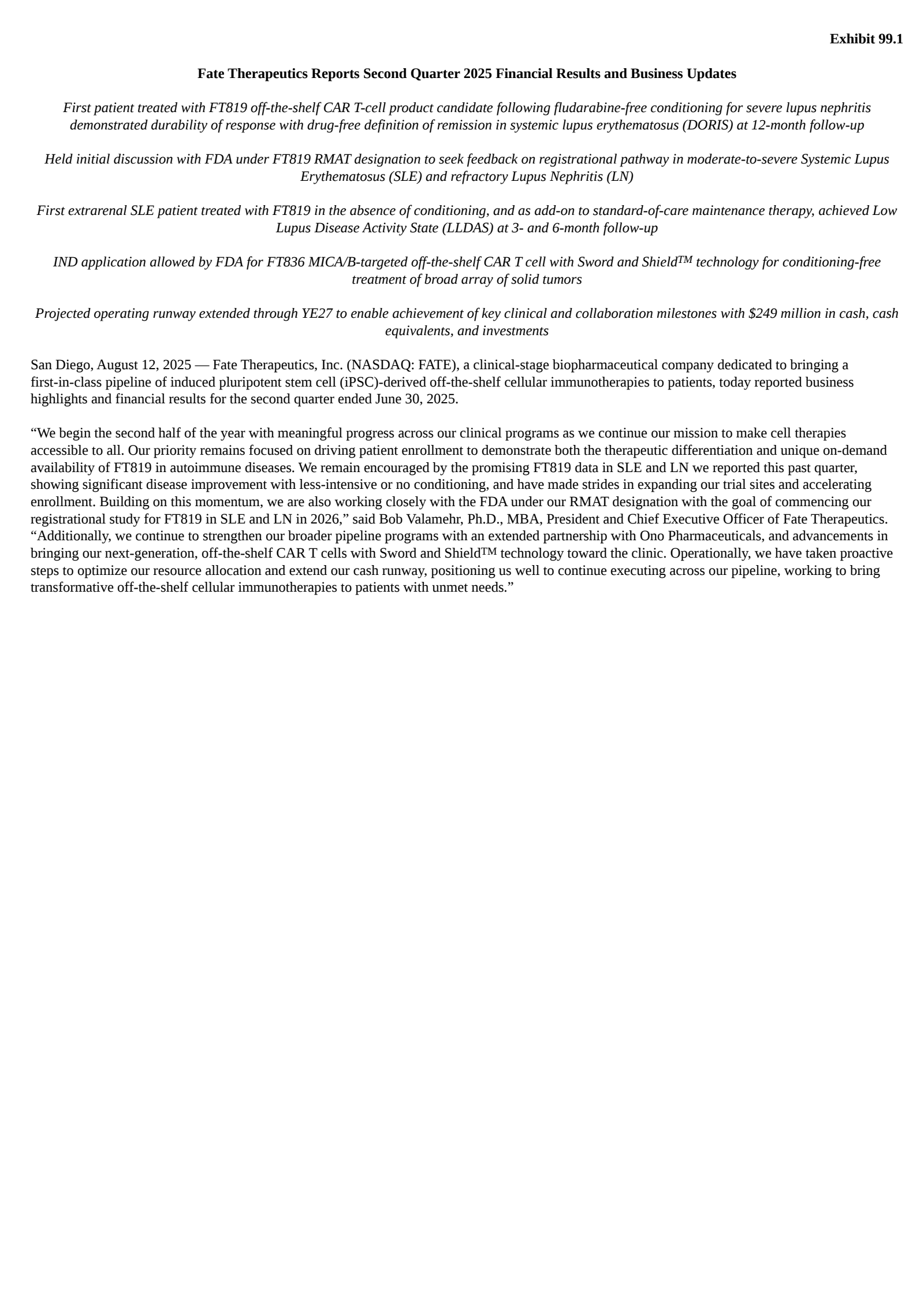 Fate Therapeutics' Q2 2025 Press Release