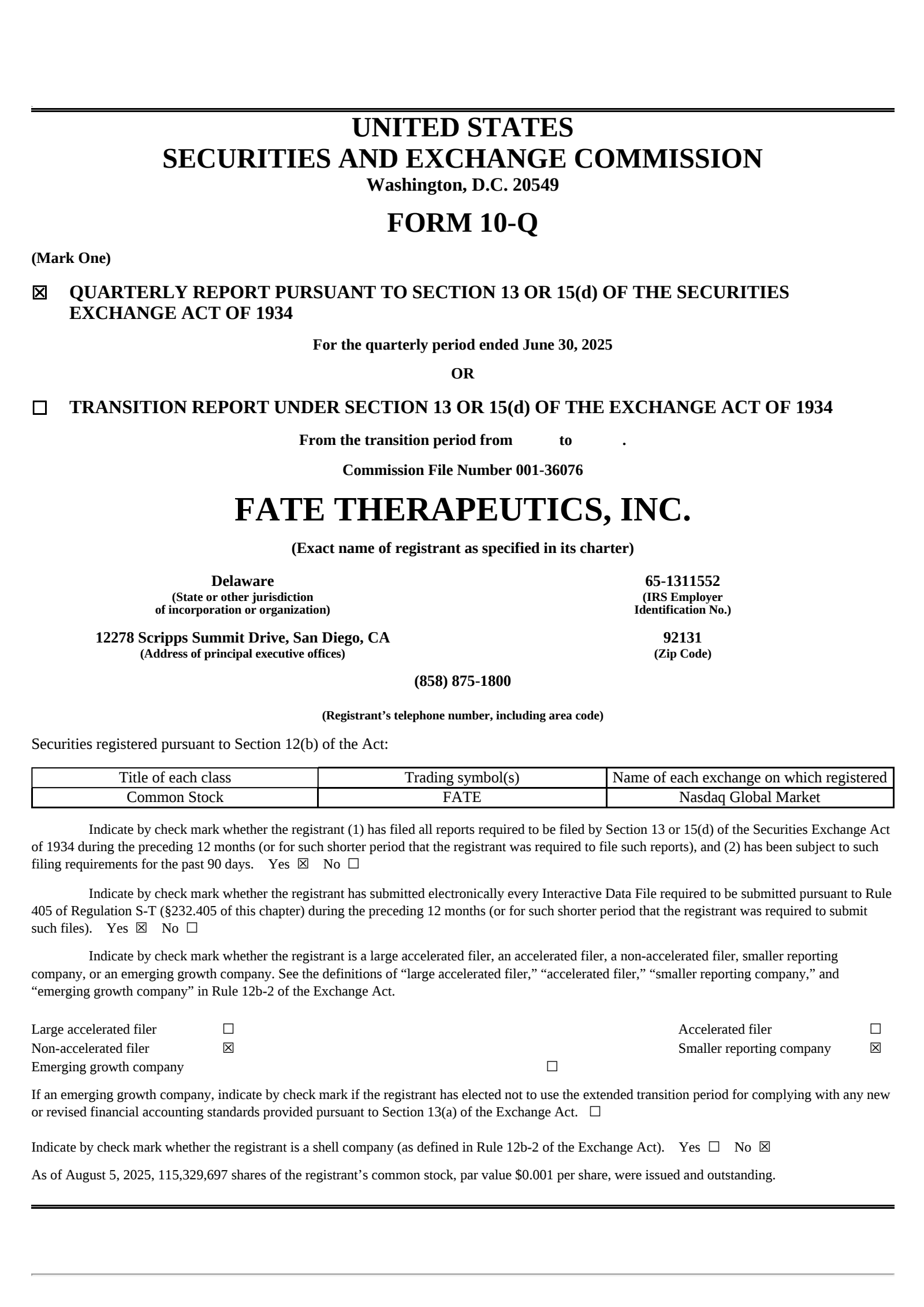 Fate Therapeutics' Q2 2025 Quarterly report